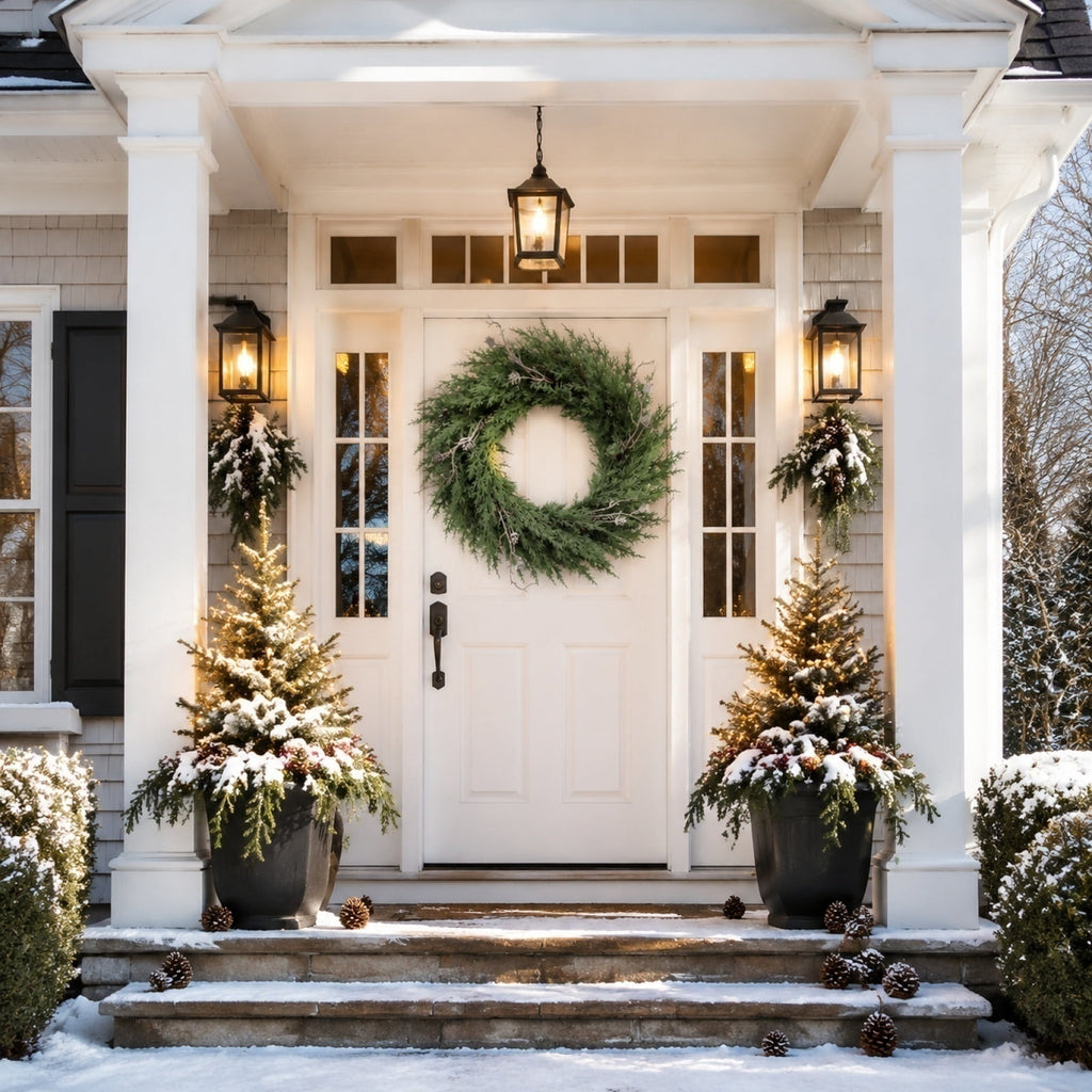 THOPBPRK Artificial Cedar Half Wreath for Front Door Christmas Decorations DIY Holiday with Bow Winter Hanging Ornament for Wall Window Home Decor, 23.6" A