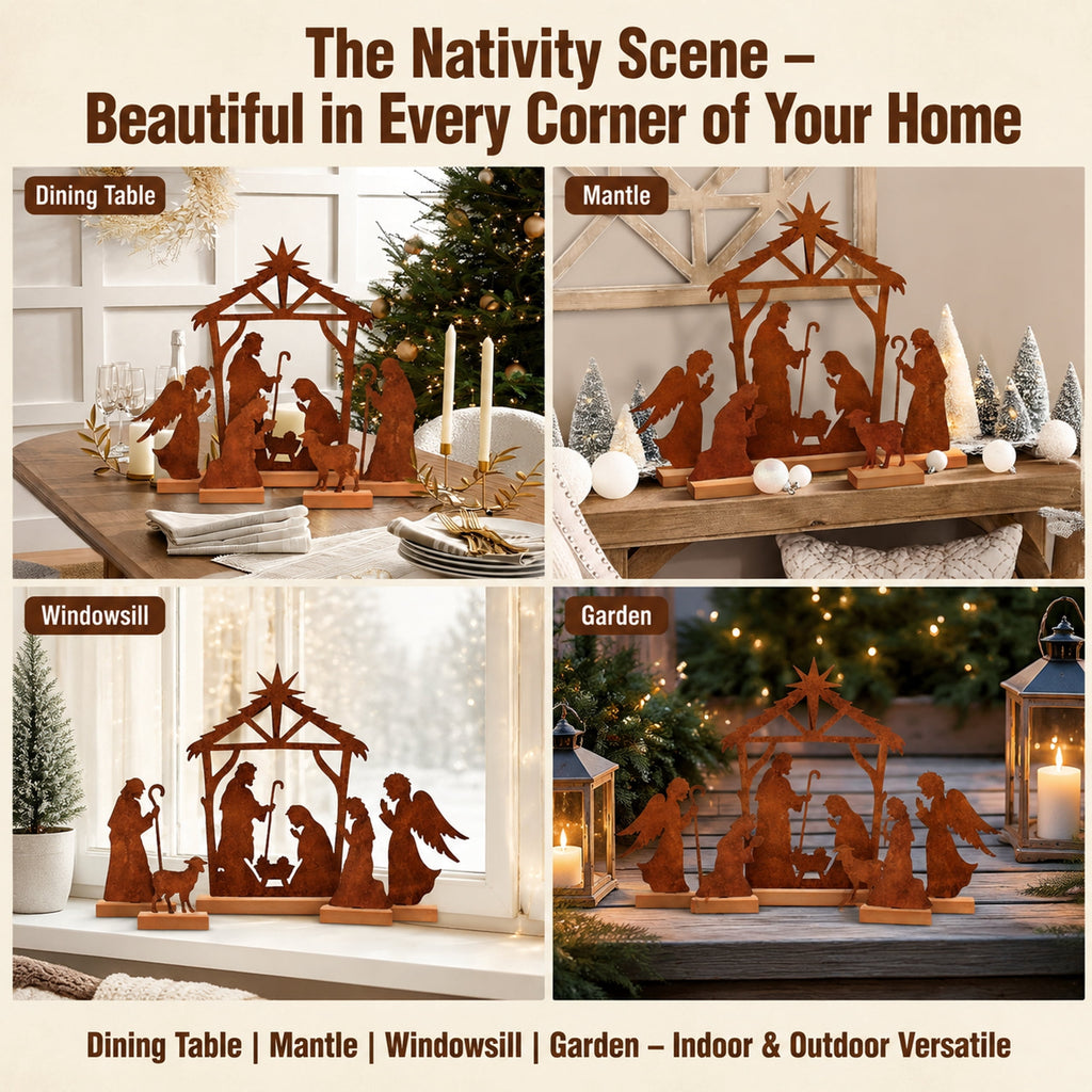 DIFELOP Christmas Table Decoration, Rustic Metal Nativity Scene with Wooden Base, 8-Piece Iron Craft Set for Home Decor, Vintage Style, Brown
