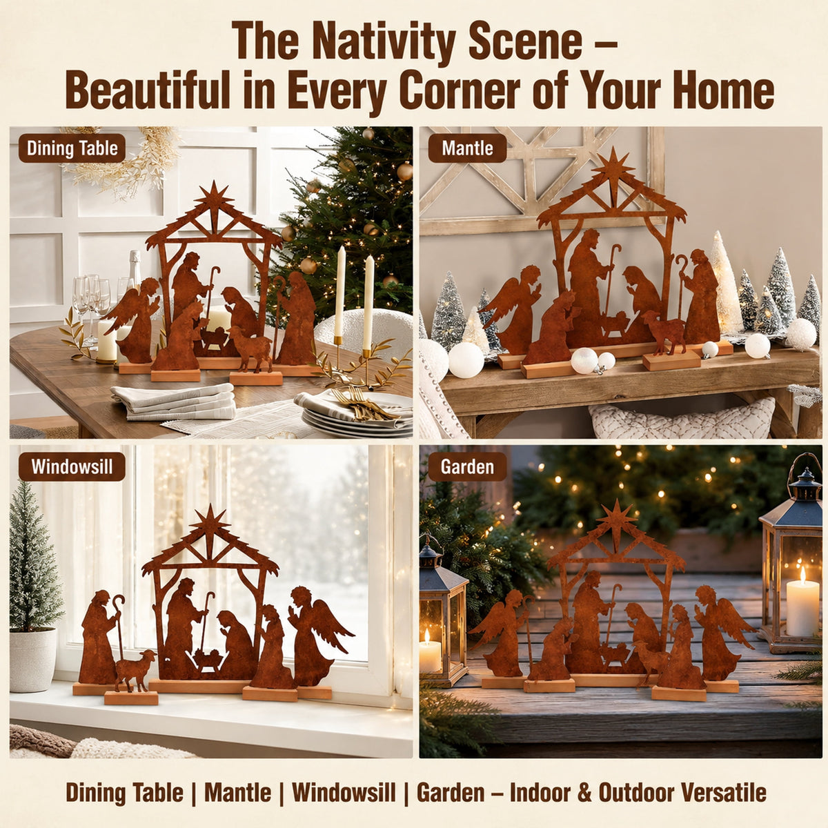 DIFELOP Christmas Table Decoration, Rustic Metal Nativity Scene with Wooden Base, 8-Piece Iron Craft Set for Home Decor, Vintage Style, Brown