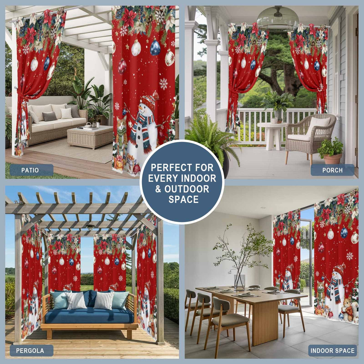 2 Panels Outdoor Curtains for Patio Waterproof 54"x84" Red Christmas Weatherproof Privacy Outsides Curtains, Snowman Poinsettia Pine Tree Squirrel Cat Grommet Thermal Drapes for Cabana Porch Pergola
