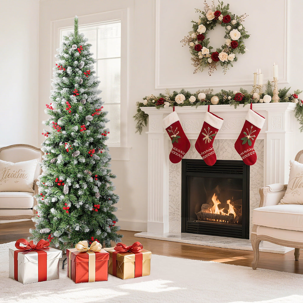 Aufeile 6ft Pencil Christmas Tree, Slim Pre-Lit Xmas Tree, 200 LED Lights, 600 Hinged Tips, Pine Cones, Berries, Metal Stand