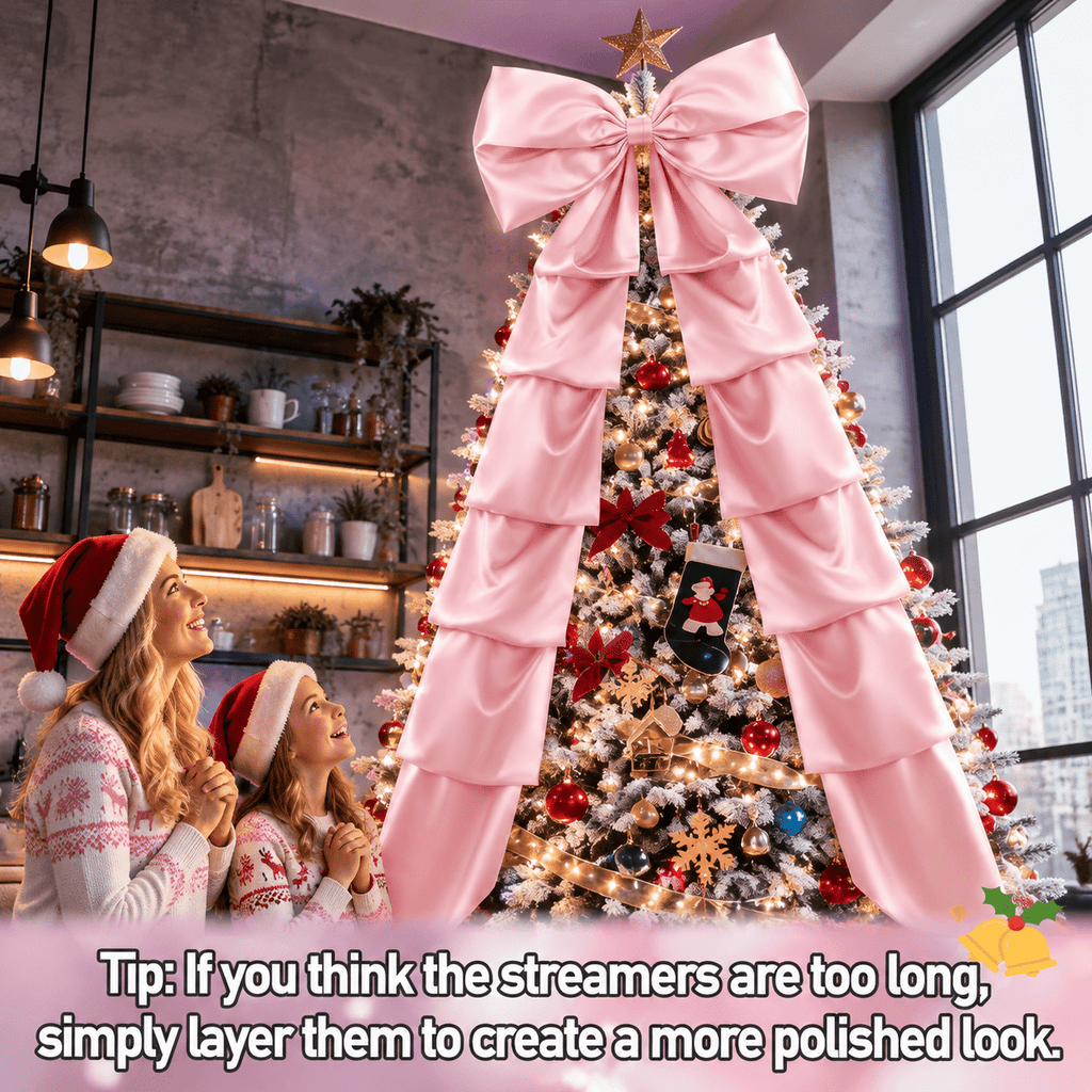 Extra Large Christmas Tree Topper Bow, Pink, 10.2ft Long Ribbons for 9-12ft Trees