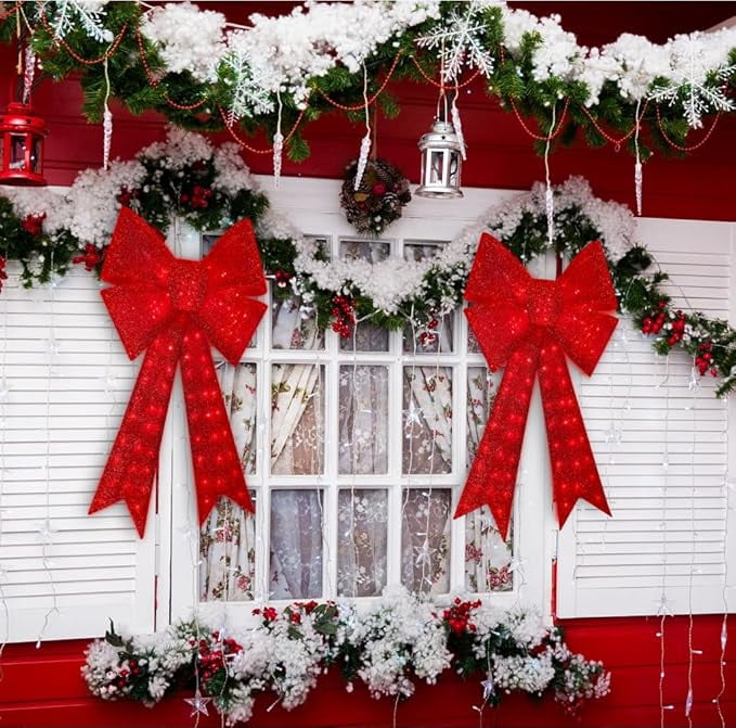 40 Inch Lighted Glitter Red Christmas Bow, 99 LED Decorative Bow for Wreath & Tree Topper, Indoor Outdoor Holiday Party Decoration