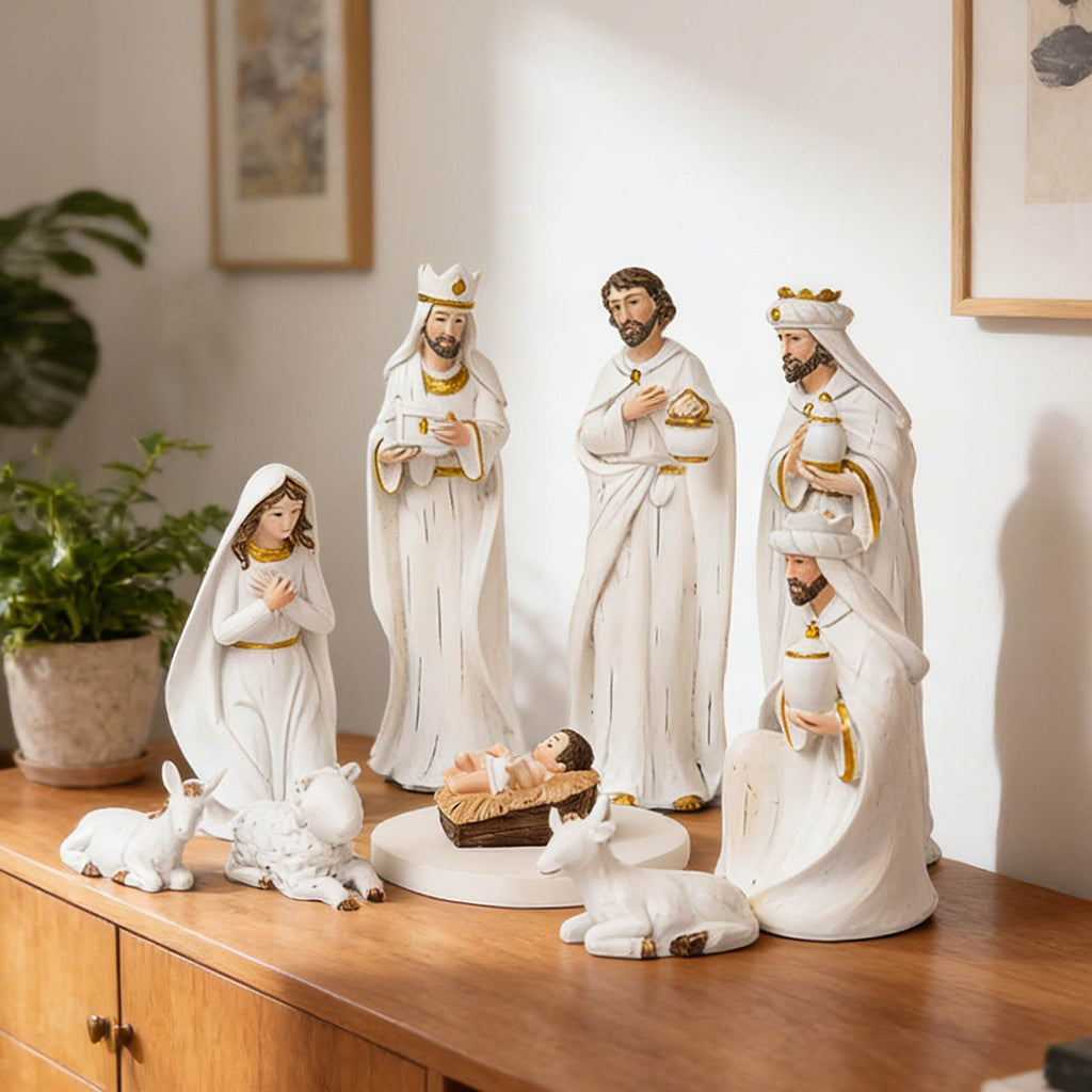 Easter Nativity Set 9-Piece Indoor, Hand-Painted Nativity Scene Decoration 7.5 Inch, Holiday Nativity Sets for Easter and Christmas, Traditional Nativity Scene with Hand-Painted Details