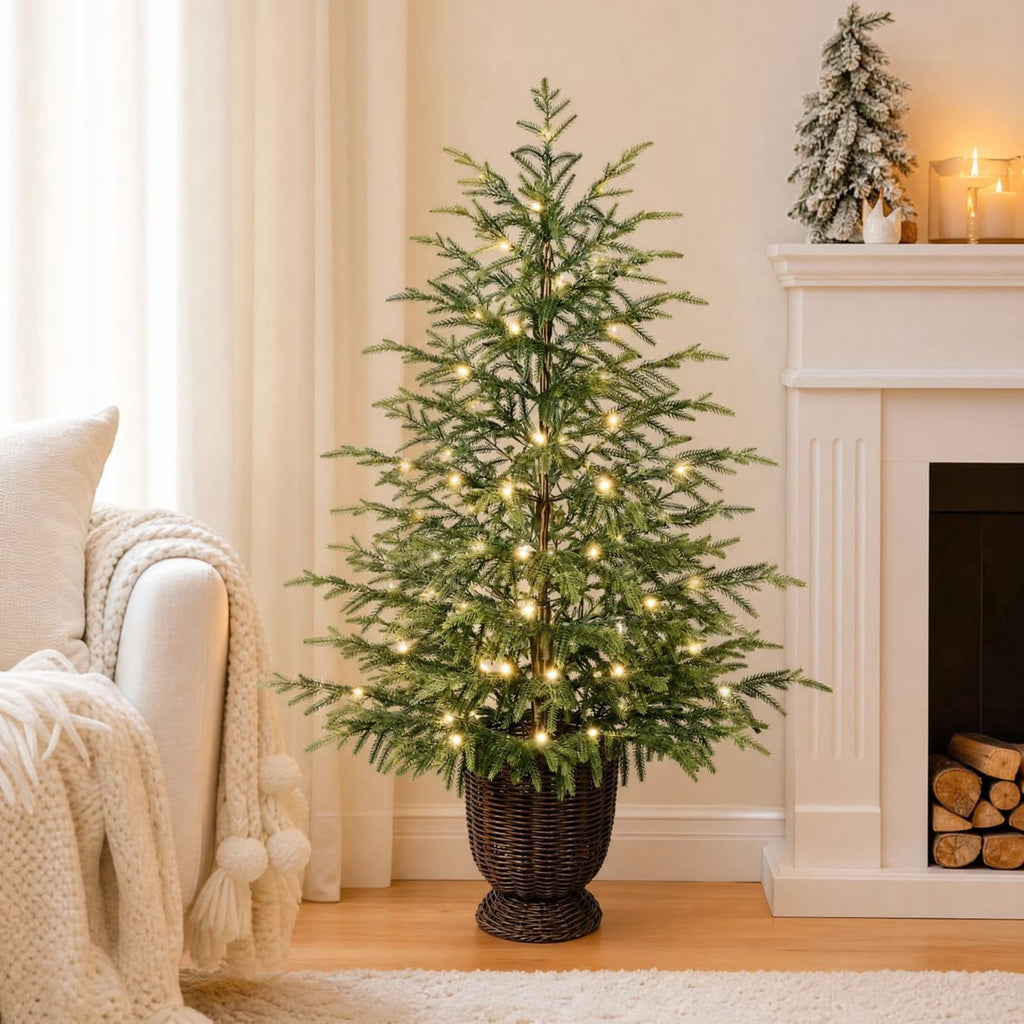 3ft Prelit Green Artificial Christmas Tree Lifelike Potted Spruce Xmas Tree With Warm LED Lights for Home,Office,Party Decoration,Hinged Design and Stable Base,Indoor Holiday Decor for Home