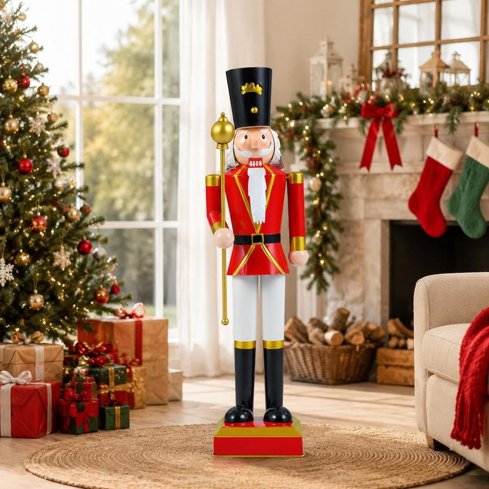 Christmas Nutcracker Decor, 32.5 Inch, with High Hat, Scepter, Metal Frame, Storage Compartment, Black & Red