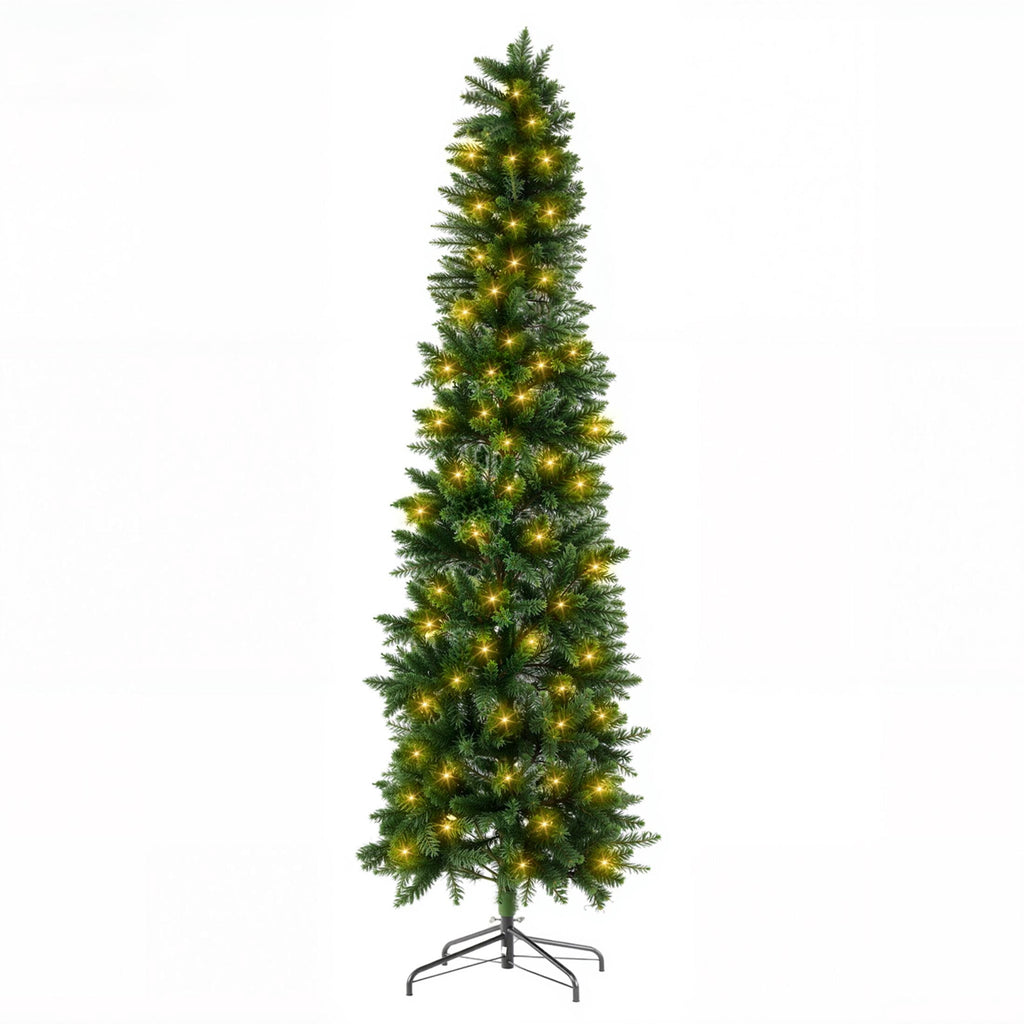 edx 6ft Pre-lit Pencil Christmas Tree, Green Artificial Spruce Slim Christmas Trees, With 250 LED Lights, 571 Branch Tips & Foldable Base, For Home, Office, Party Decoration