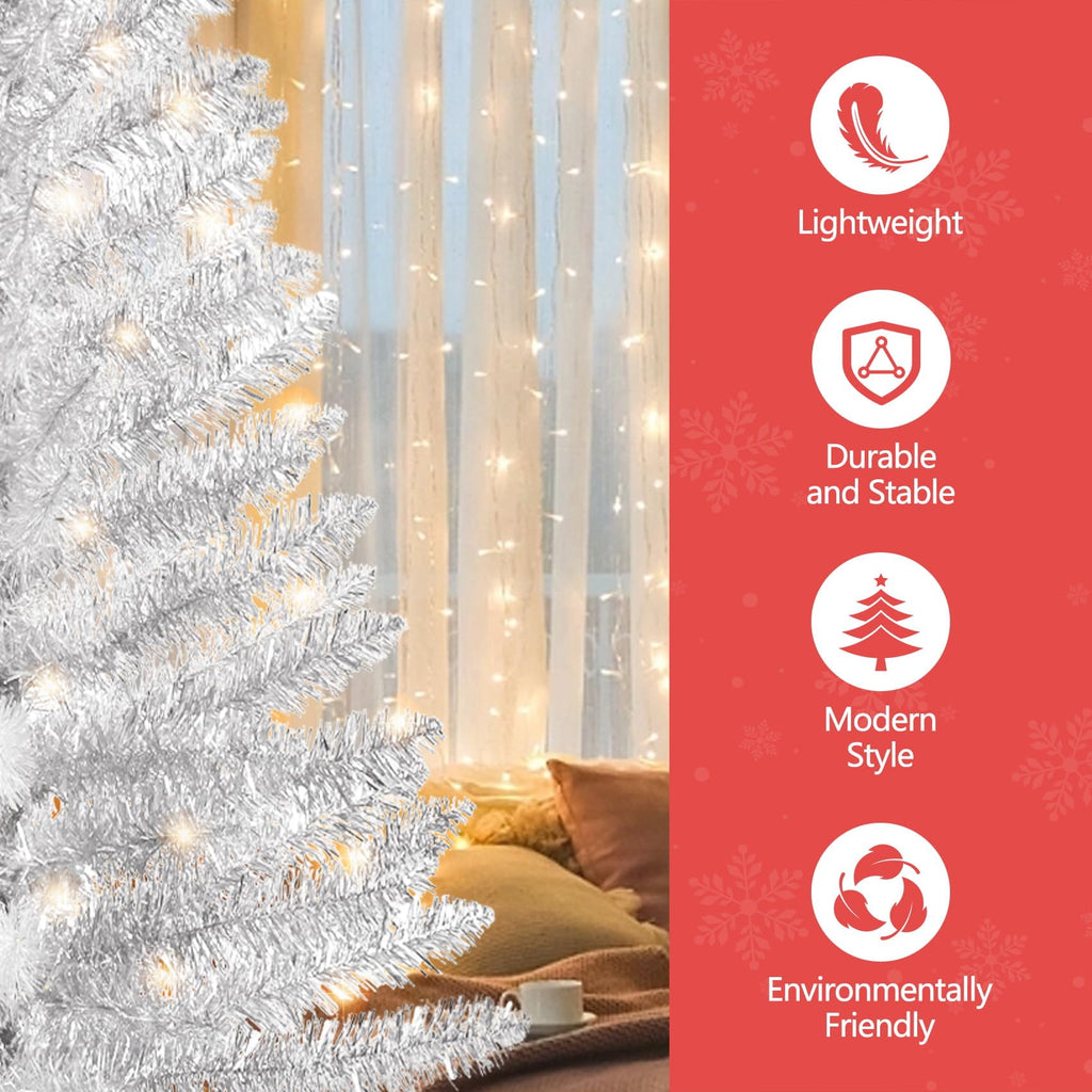 Bringstar 4FT Silver Artificial Christmas Tree with 50 String Lights, Mini Tinsel Tree, Not Pre-Lit, for Halloween & Holiday Home & Office Décor