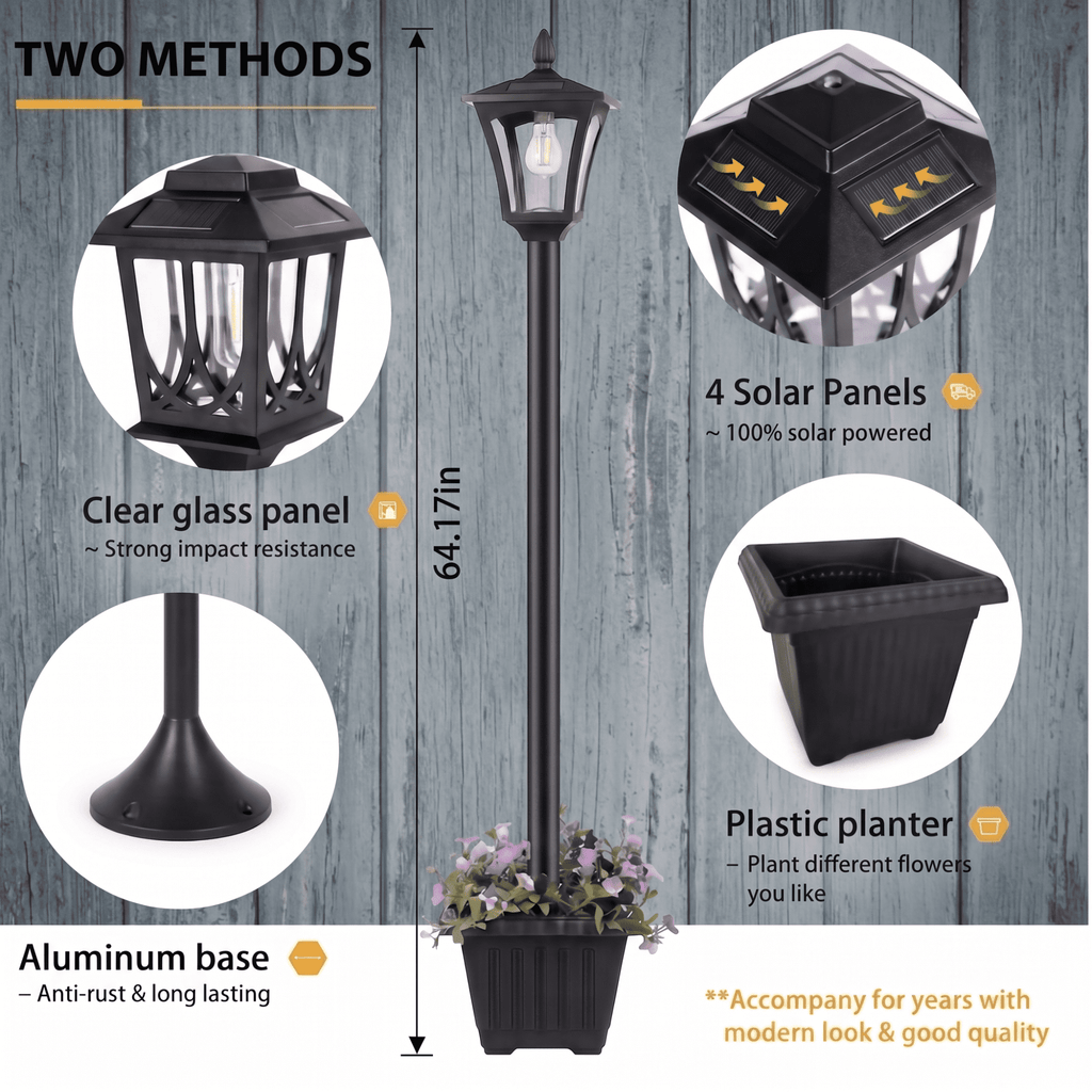 Volivo Solar Lamp Post Light with Planter 63inch, Led Blub 3000K Warm White Solar Pathway Lights Stainless Steel, Waterproof Street Lights for Garden, Porch, Walkway