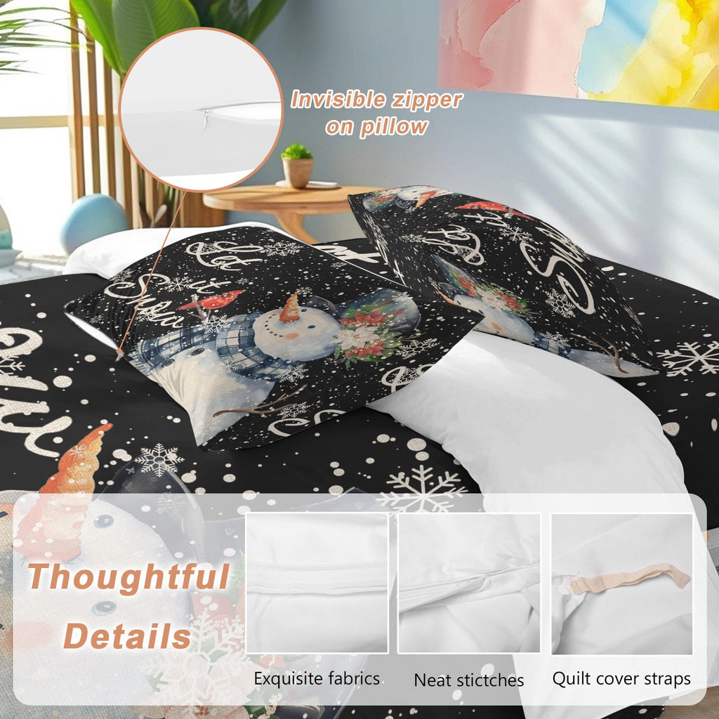 Christmas Watercolor Bedding Duvet Cover Set Queen Size 4 Pieces Snowman Snowflakes Black Vintage Bedding Set with Zipper Closure, 1 Comforter Cover 90x90 Inches 1 Flat Sheet & 2 Pillow Cases