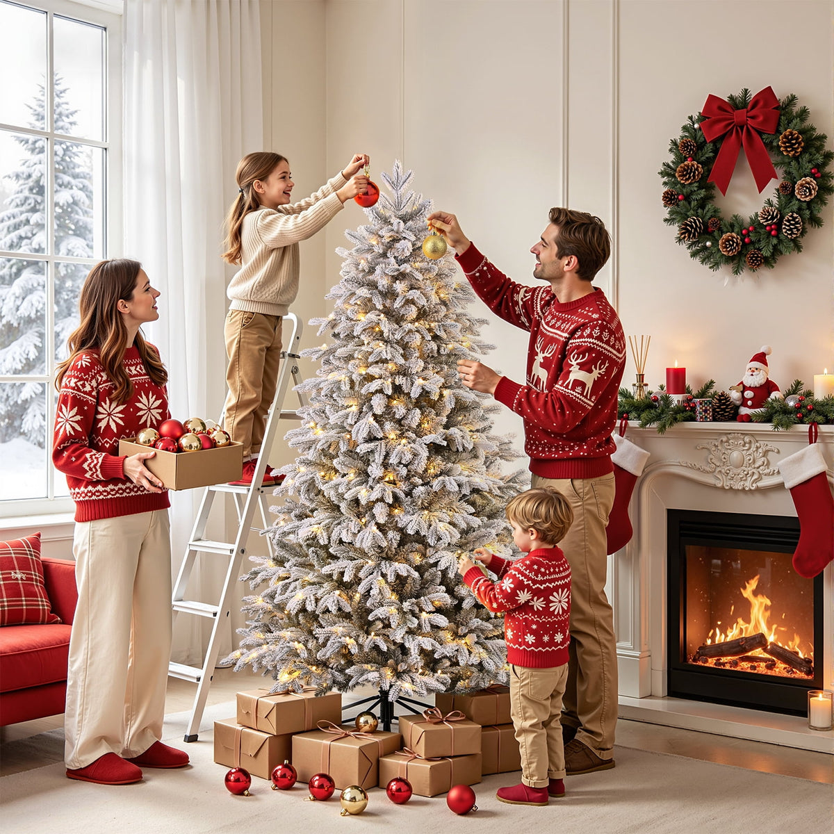 Lolsea 7ft Prelit Flocked Modern Luxury Cedar Christmas Tree with Realistic PE Foliage, Warm White & Multi-Color Lights and Remote Control