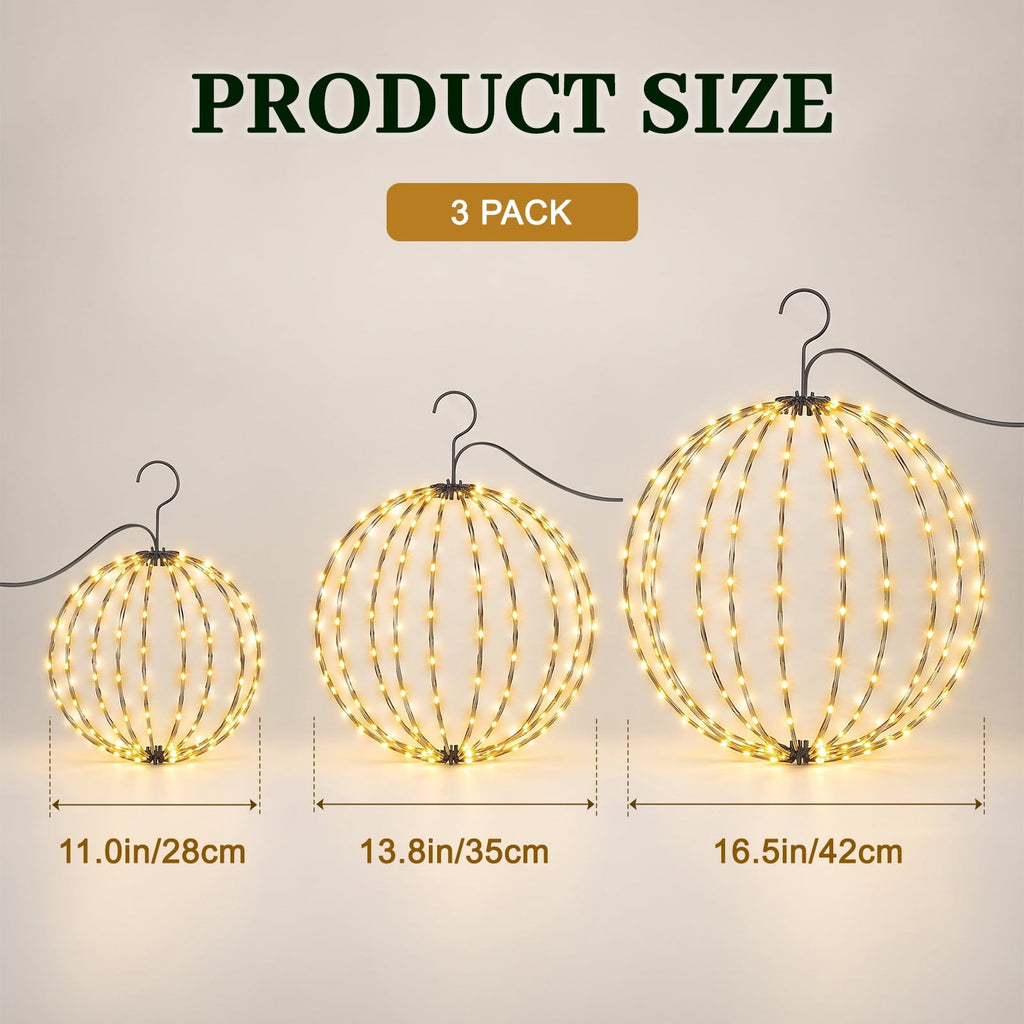 ABORON Christmas Decoration Ball Lights, Pre-Lit Hanging Foldable Xmas Light Ball with 8 Lighting Modes for Outdoor Holiday Lights Decor -16.5" 3 Pk