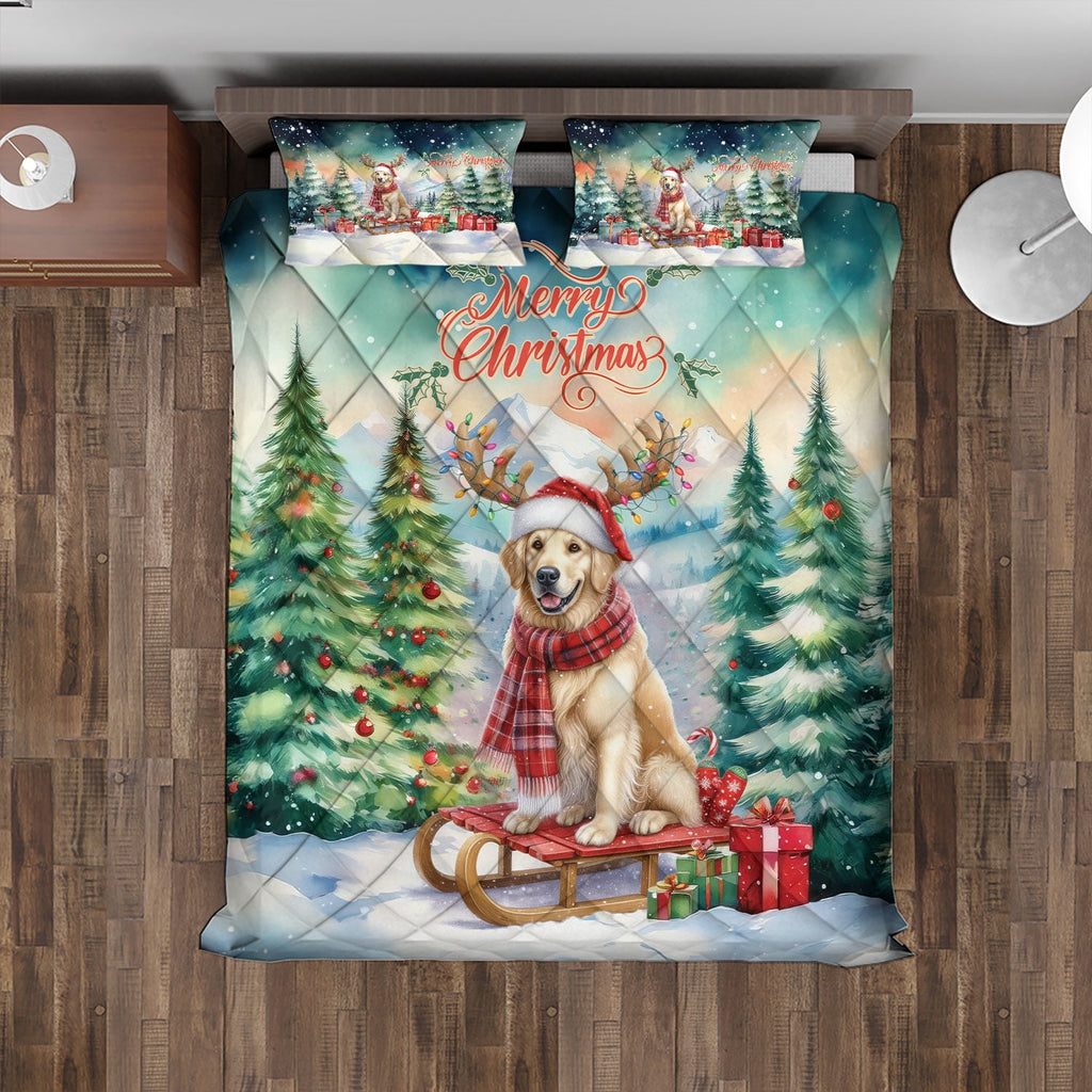 Merry Christmas Santa Reindeer Antlers French Bulldog Sleigh Xmas Winter Holiday Quilt Bedding Set Dog Lover Gifts 1 Blanket Bed Cover 2 Pillowcases - 00023