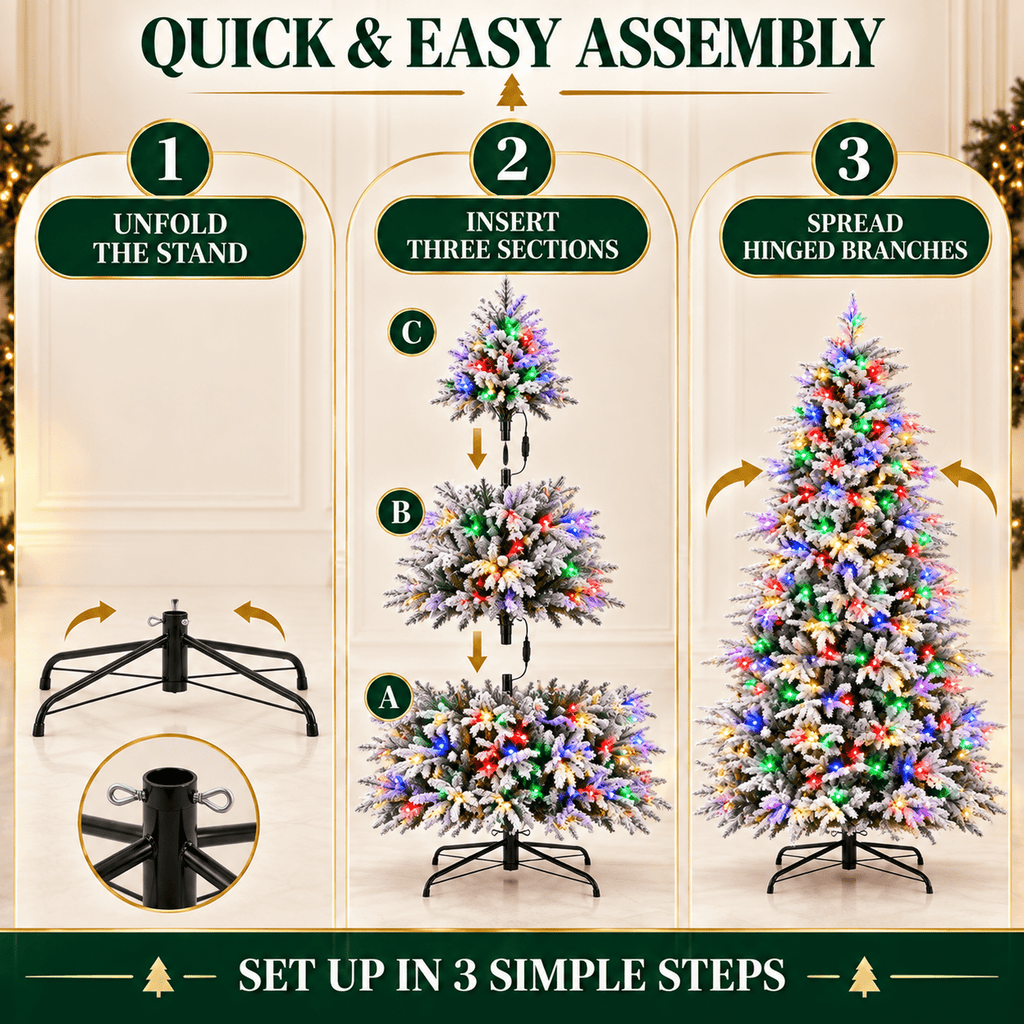 Vebreda 6ft Pre-Lit Flocked Artificial Aspen Noble Fir Christmas Tree with 1,350 Branch Tips & 300 LED Lights, Hinged Artificial Holiday Tree with Metal Stand