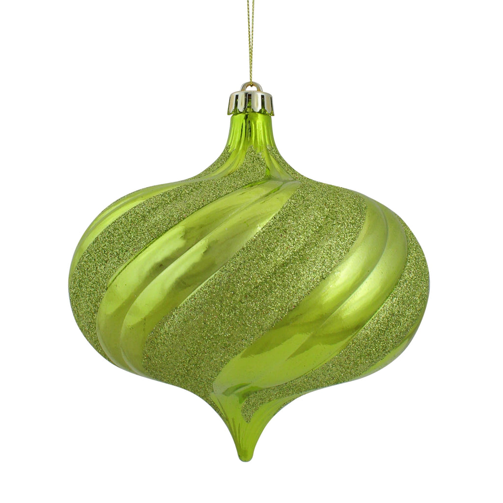 4ct Shiny Green Kiwi Glitter Swirl Shatterproof Onion Christmas Ornaments 5.75"