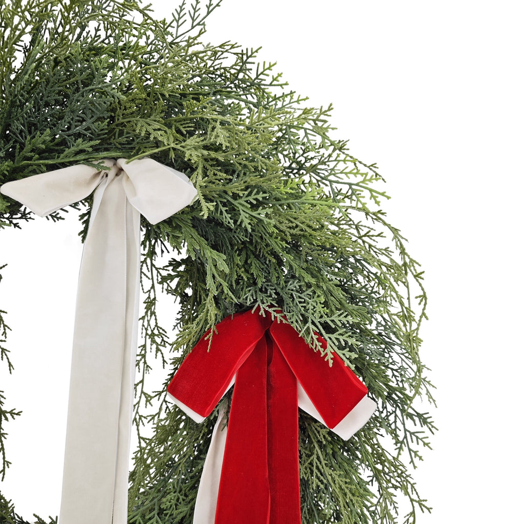 Evergreen Artificial Christmas Wreath with Bows, Green/Red/White, 24", by Holiday Time