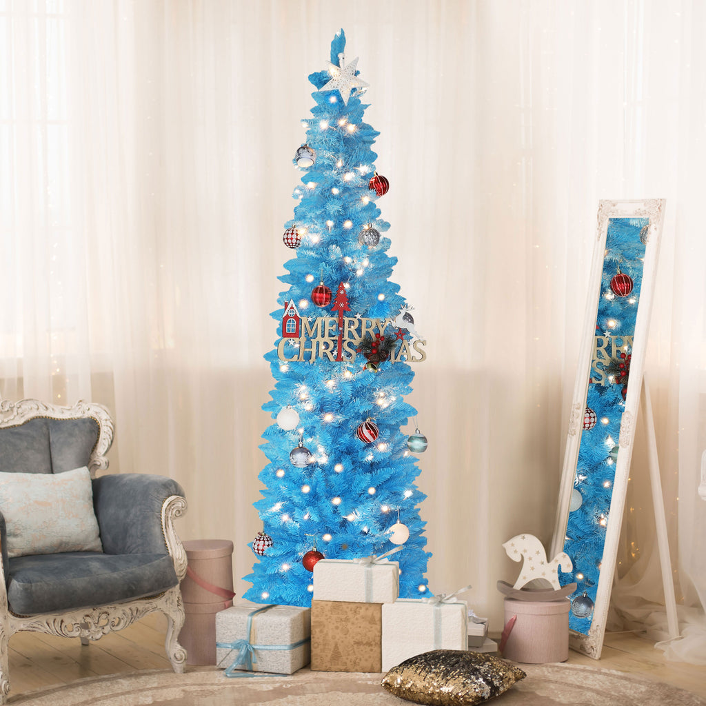 VEIKOUS 6ft Christmas Tree Crooked Neck with Topper, Prelit Xmas Tree with 200 LED Lights & 536 Branch Tips, Bendable Top Christmas Slim Tree for Holiday Decor, Green