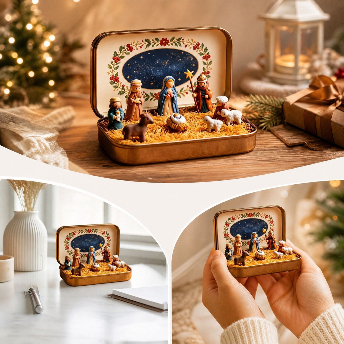 Mini Christmas Nativity Scene Set in a Tin Box Pocket Size Religious Catholic Jesus Holiday Desktop Ornament Decor Keepsake Stocking Stuffer Gifts
