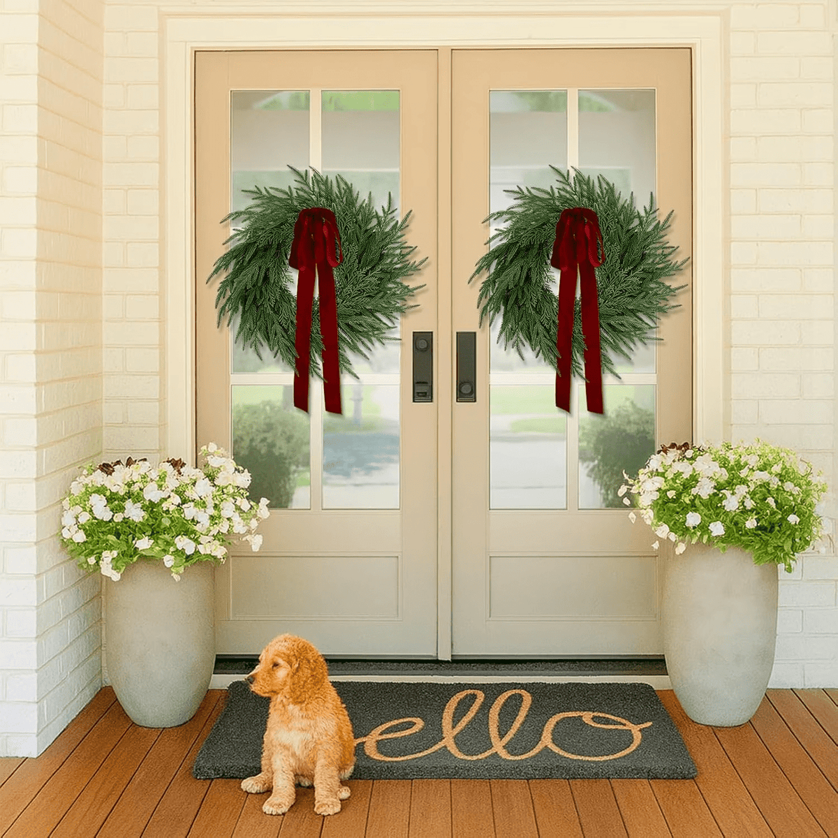 2 Pack Artificial Christmas Wreaths for Front Door, 24" Norfolk Pine & Cedar Greenery Wreath with Red Bows, Real Touch Holiday Wreaths for Indoor Outdoor Christmas Decorations, Seasonal Decor