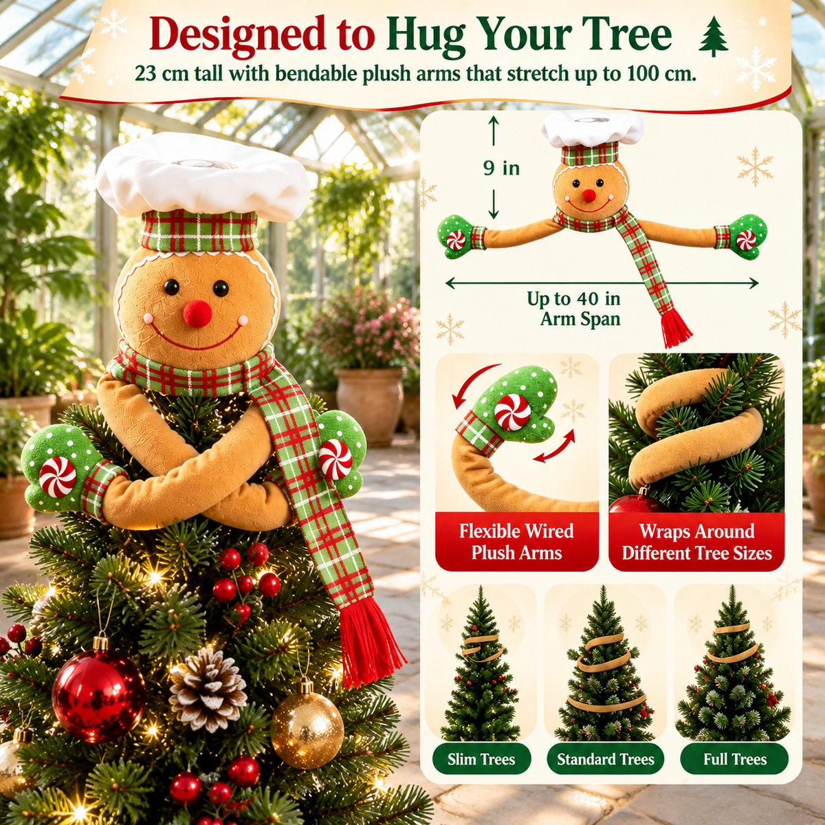 Green White Plush Gingerbread Man Christmas Tree Topper with Rotating LED Light