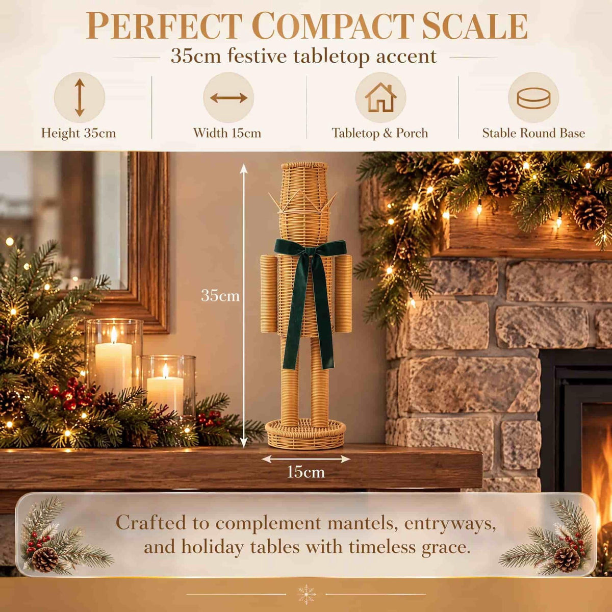 15.7 Inch Resin Nutcracker with Velvet Bow, Christmas Farmhouse Decor, Large Rattan Imitation Soldier Figurine for Floor Mantel Table Home,Rustic Winter Holiday Outdoor Decor,2PCS