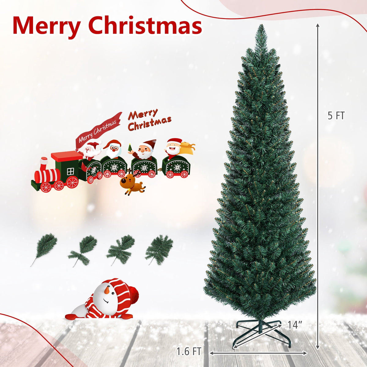 Costway 5Ft PVC Artificial Pencil Christmas Tree Slim Stand Green