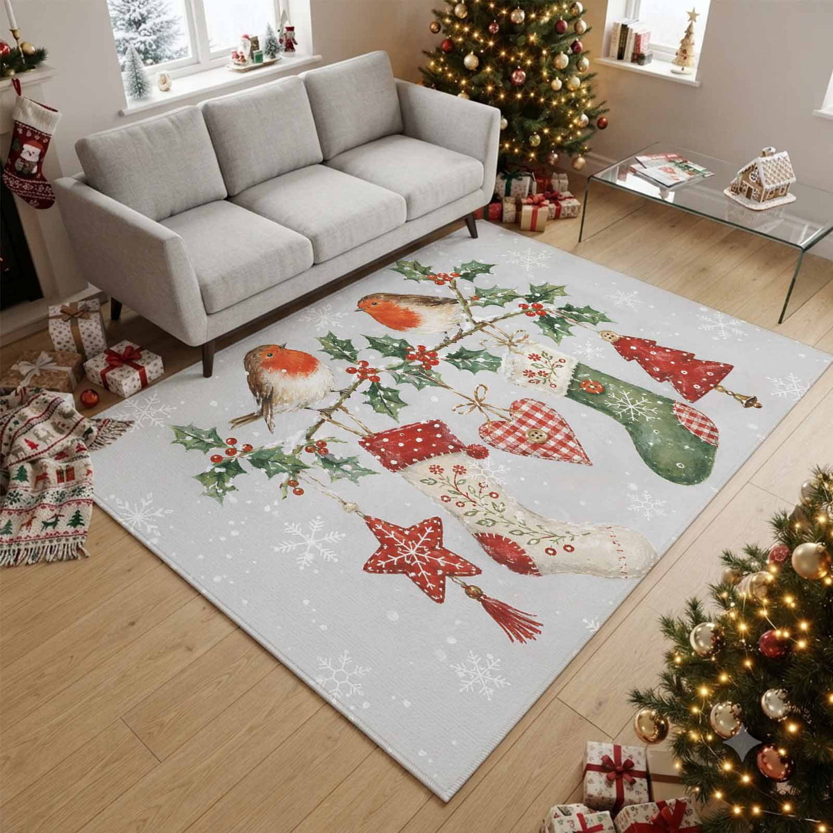 8x10 Area Rugs, Christmas Stocking Non-Skid Rubber Backing Large Rectangle Rugs - Living Room Bedroom Home Office, Winter Snowflake Berry Birds Xmas Indoor Floor Mat Carpets Washable Rug
