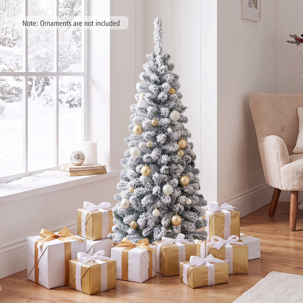 Costway 4.5 FT Unlit Flocked Pencil Christmas Tree Hinged with 242 Branch Tips