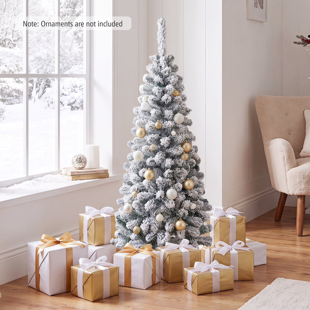 Costway 4.5 FT Unlit Flocked Pencil Christmas Tree Hinged with 242 Branch Tips