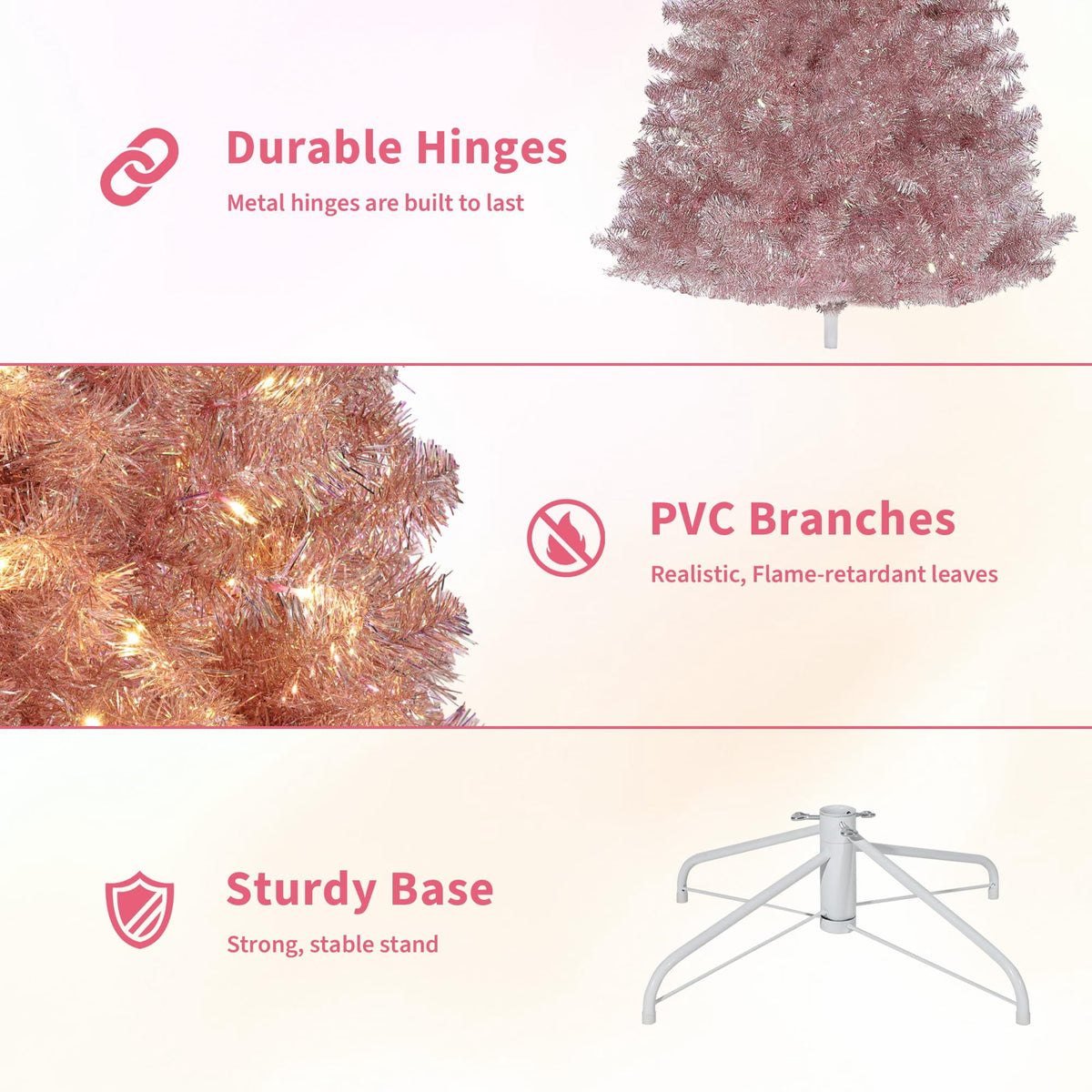 6ft Prelit Snow Flocked Pencil Christmas Tree with 250 Warm White Lights & Foldable Base - Rose Gold Tinsel Holiday Decoration for Home & Office