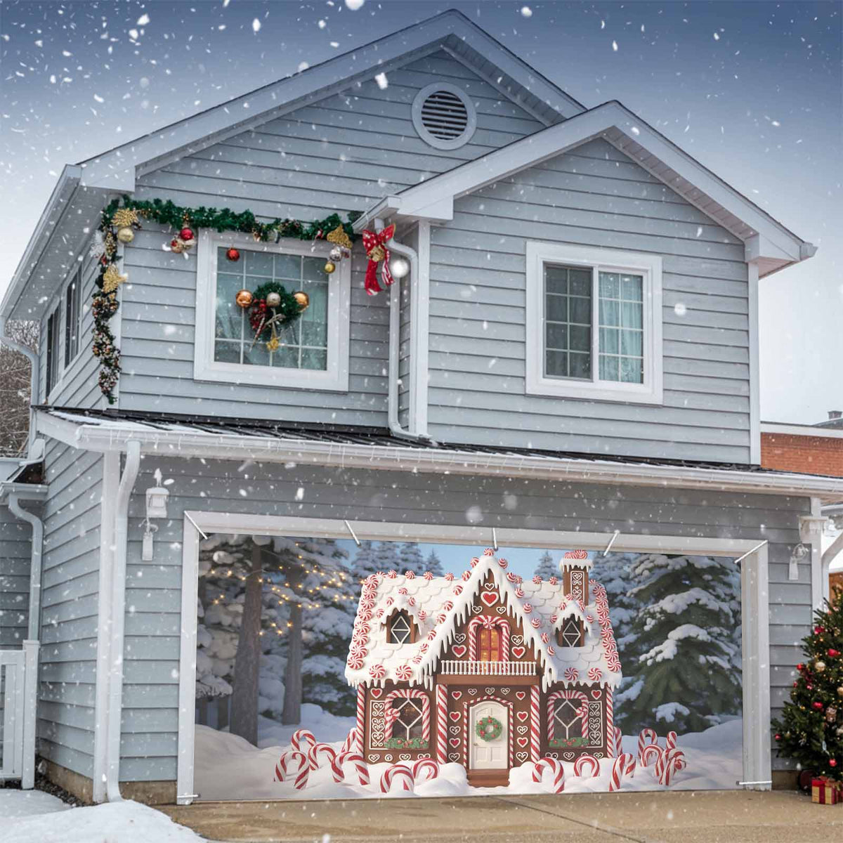 Fsddascl 7 x 16 Ft Christmas Garage Door Cover, Black Christmas Tree Large Garage Door Banner, Xmas Snowflake Green Golden Hanging Garage Mural Background for Indoor Outdoor Xmas Party Supplies