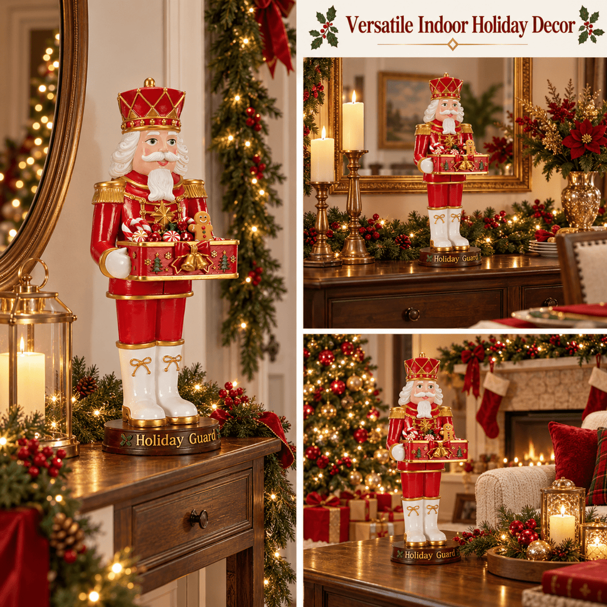 Rayocon Christmas Nutcracker Decor, 24.4 Inch Resin Soldier Statue with Display Tray, Red & Gold