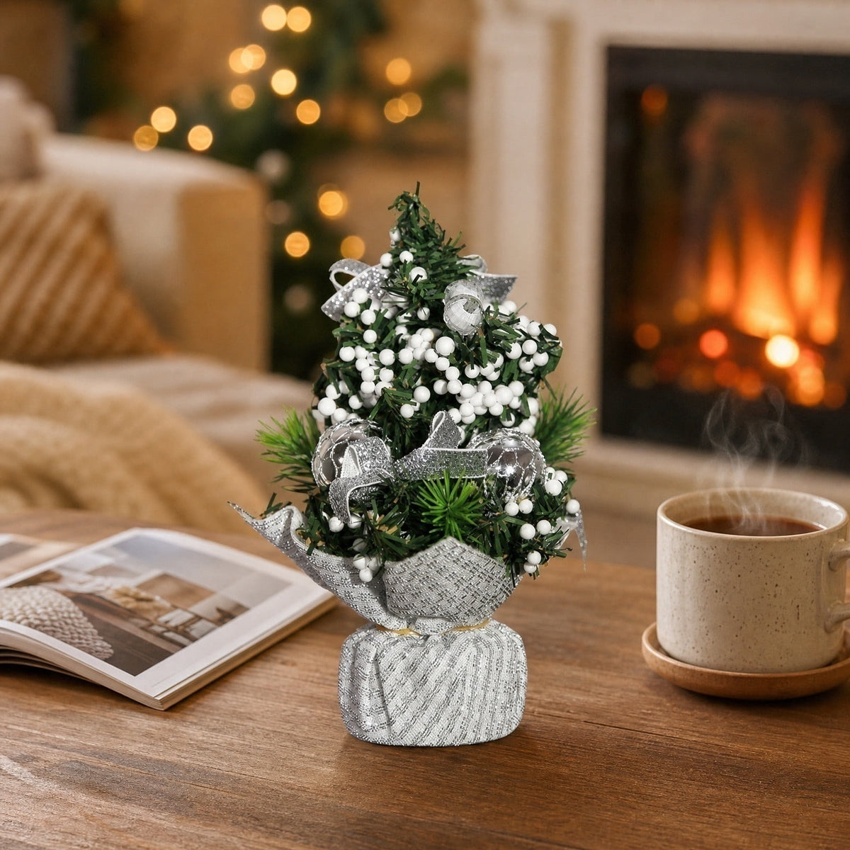 Surpdew Mini Christmas Tree Table Top Decorations- 9" Artificial Small Pine Trees with Burlap Base on Desktop, Shelves, Bedroom, Miniature Scenes Xmas for Home, Office, Party Decor