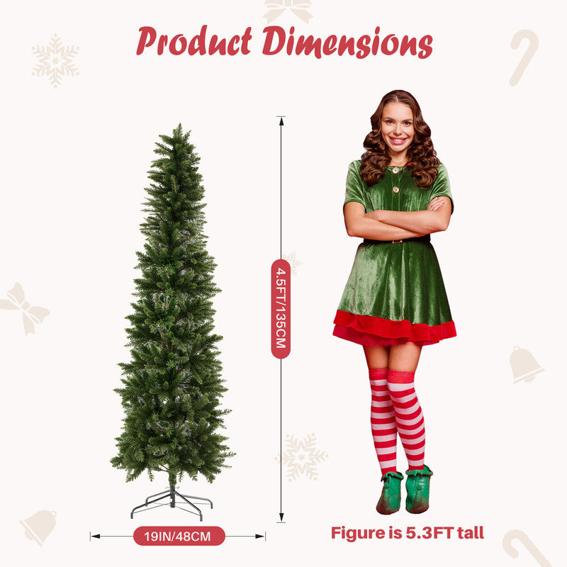 Gianna 4.5ft Pre-lit Pencil Christmas Tree, Green Artificial Spruce Slim Christmas Trees with 120 Incandescent Lights, 268 Branch Tips & Foldable Base for Home, Office, Party Decoration
