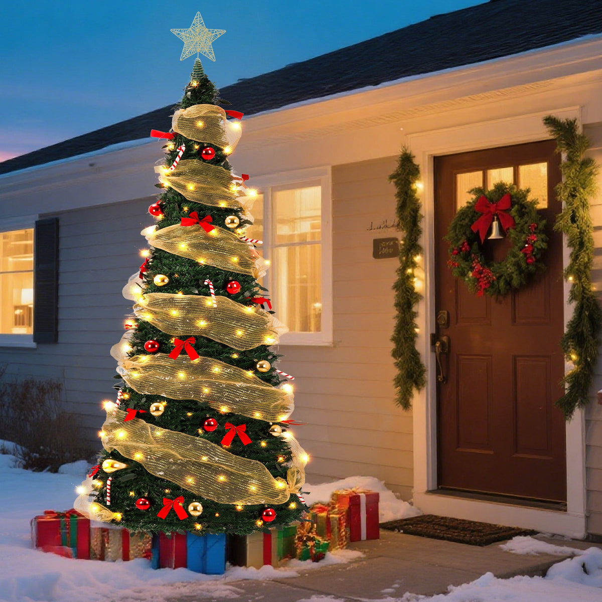 Yexmas 7.5FT Pop-Up Artificial Christmas Tree with 300LED Lights,Green Prelit Christmas Tree with Foldable Base
