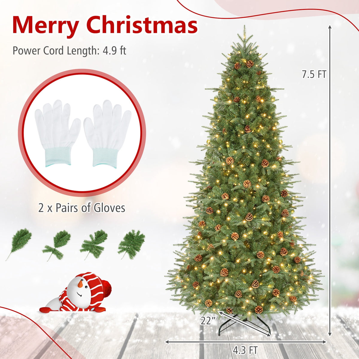 Costway 7.5 FT Pre-Lit Artificial Christmas Tree Hinged with 540 Warm White LED Lights