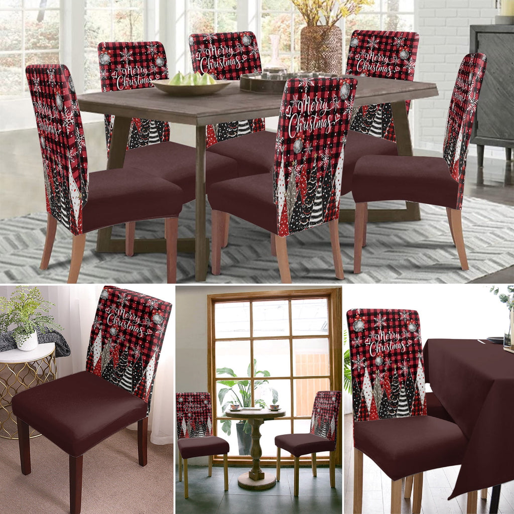Merry Christmas Dining Chair Covers Set of 8, Winter Farmhouse Pine Tree Snowflake Red Plaid Chair Covers for Dining Room Removable Seat Protectors Slipcovers for Home Party Wedding Banquet