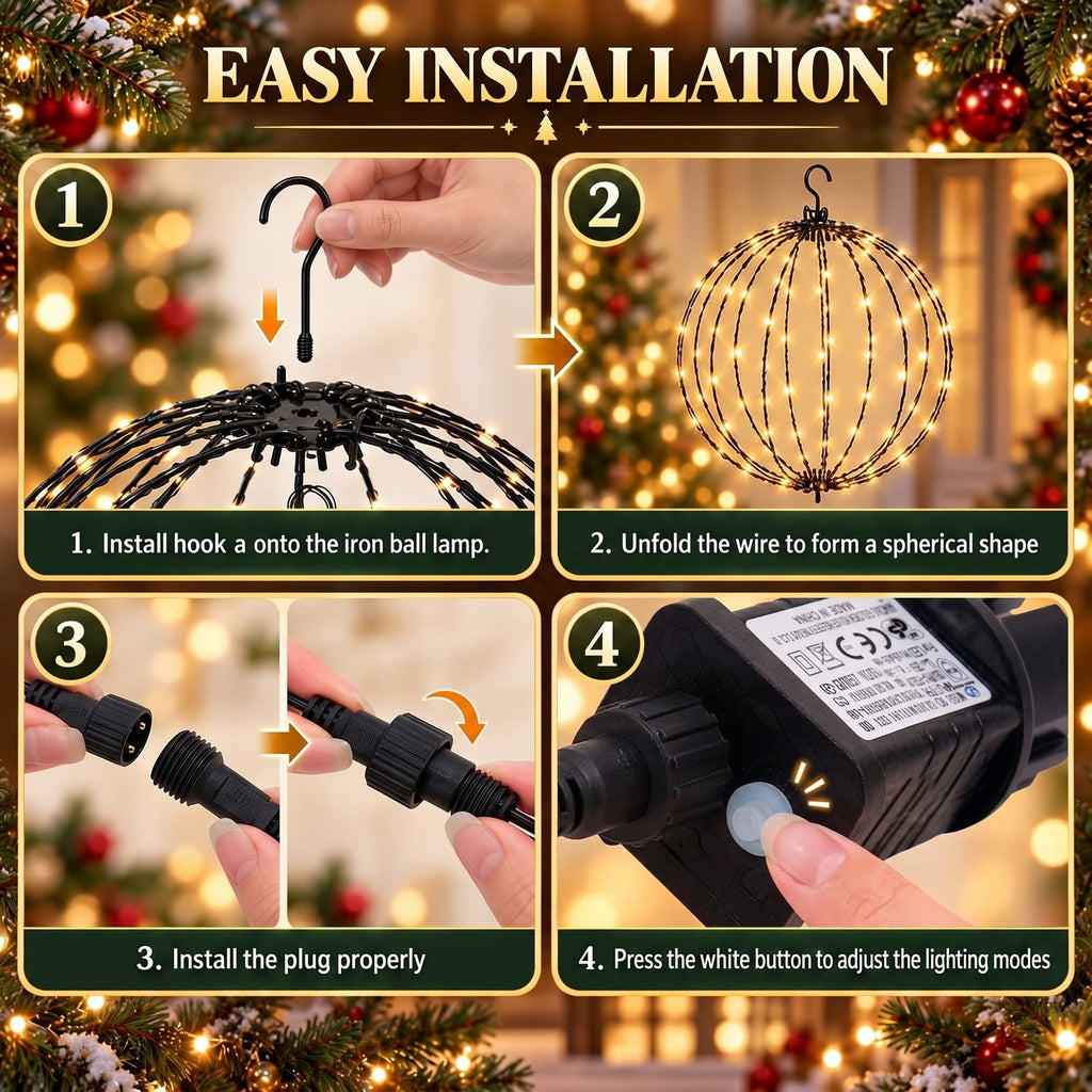 ABORON Christmas Decoration Ball Lights, Pre-Lit Hanging Foldable Xmas Light Ball with 8 Lighting Modes for Outdoor Holiday Lights Decor -16.5" 3 Pk