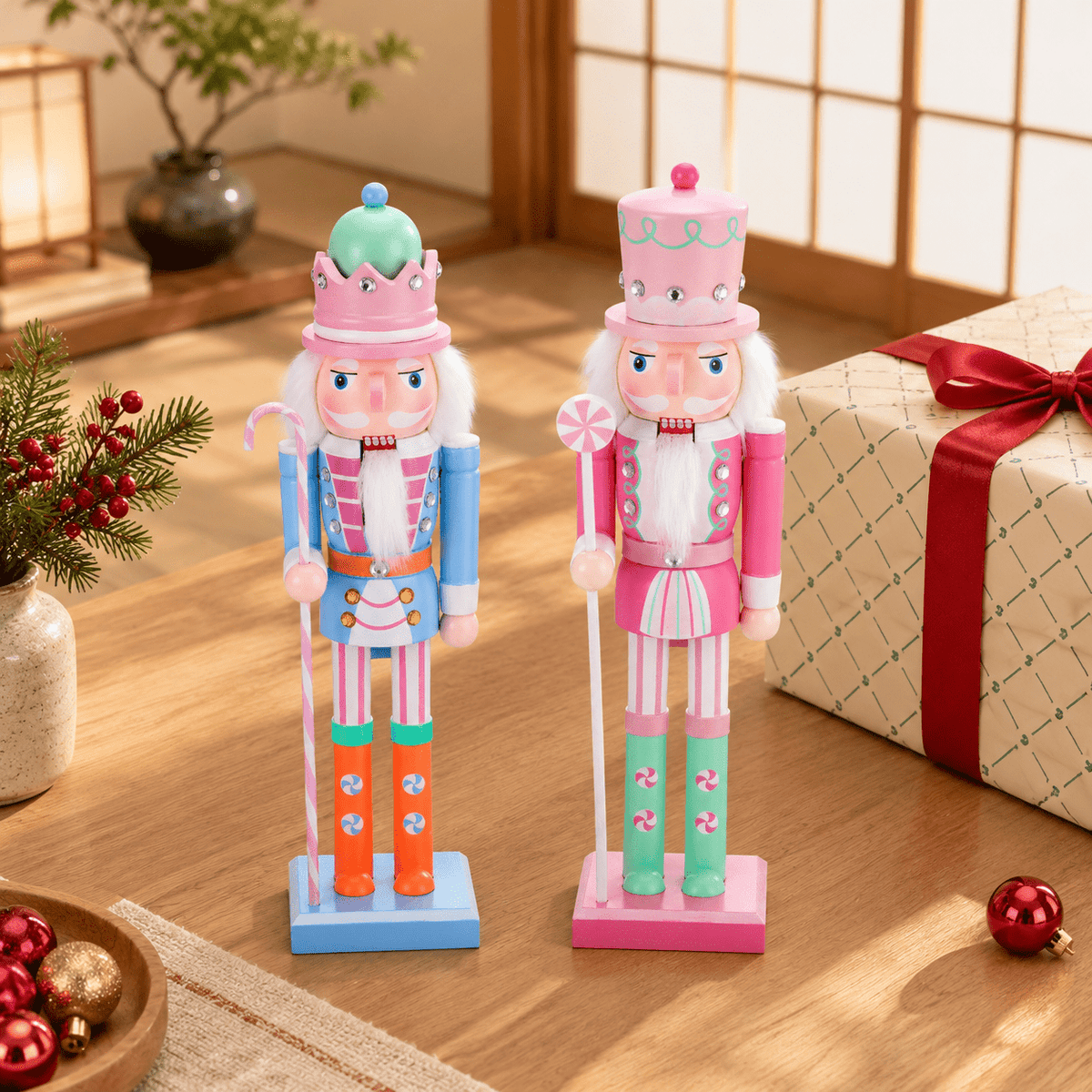 2 Pastel Nutcracker Christmas Figures, Wooden Holiday Decor Ornaments