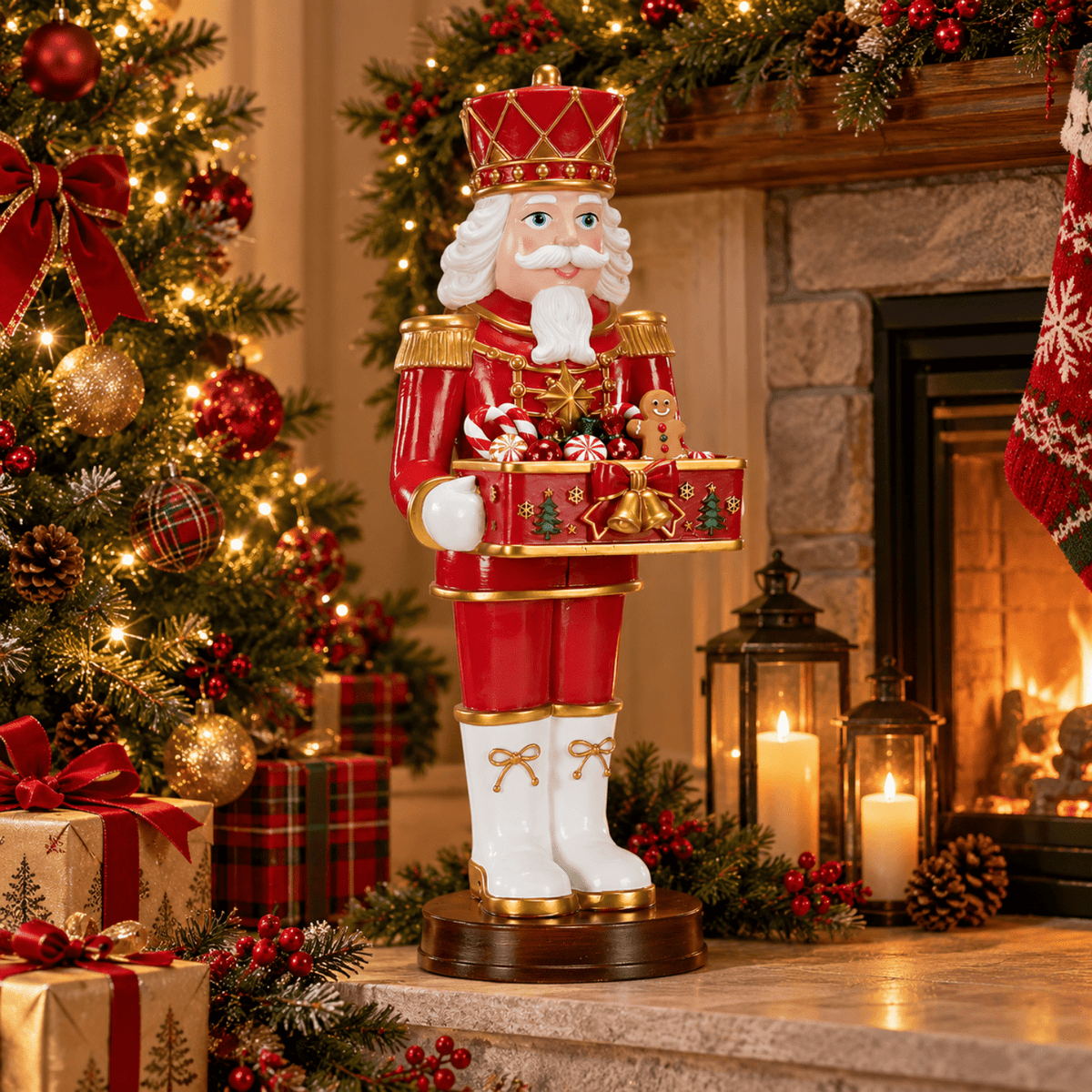 Rayocon Christmas Nutcracker Decor, 24.4 Inch Resin Soldier Statue with Display Tray, Red & Gold