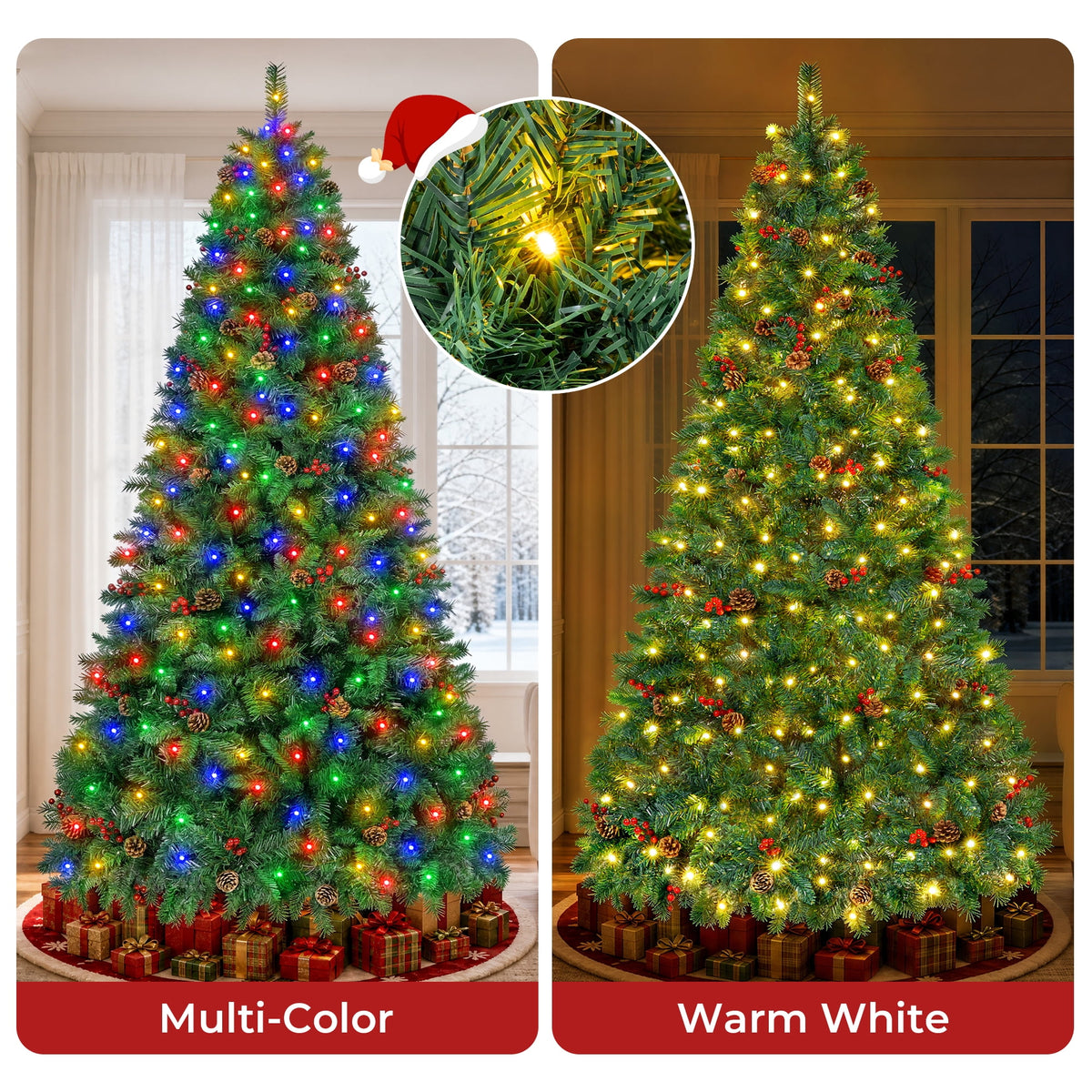 Firstness 5ft Pre-Lit Artificial Christmas Tree with 11 Lighting Modes, Xmas Tree with 625 Branch Tips,Pine Cones and Red Berries