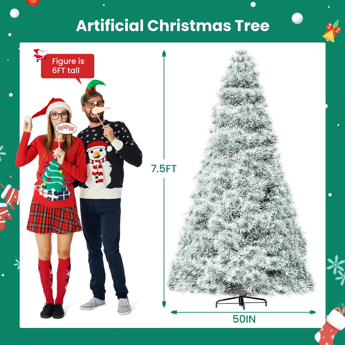 JIOABL 7.5ft Flocked Pre-lit Artificial Christmas Tree with Warm White Incandescent Lights, Home, Office, and Party Decor