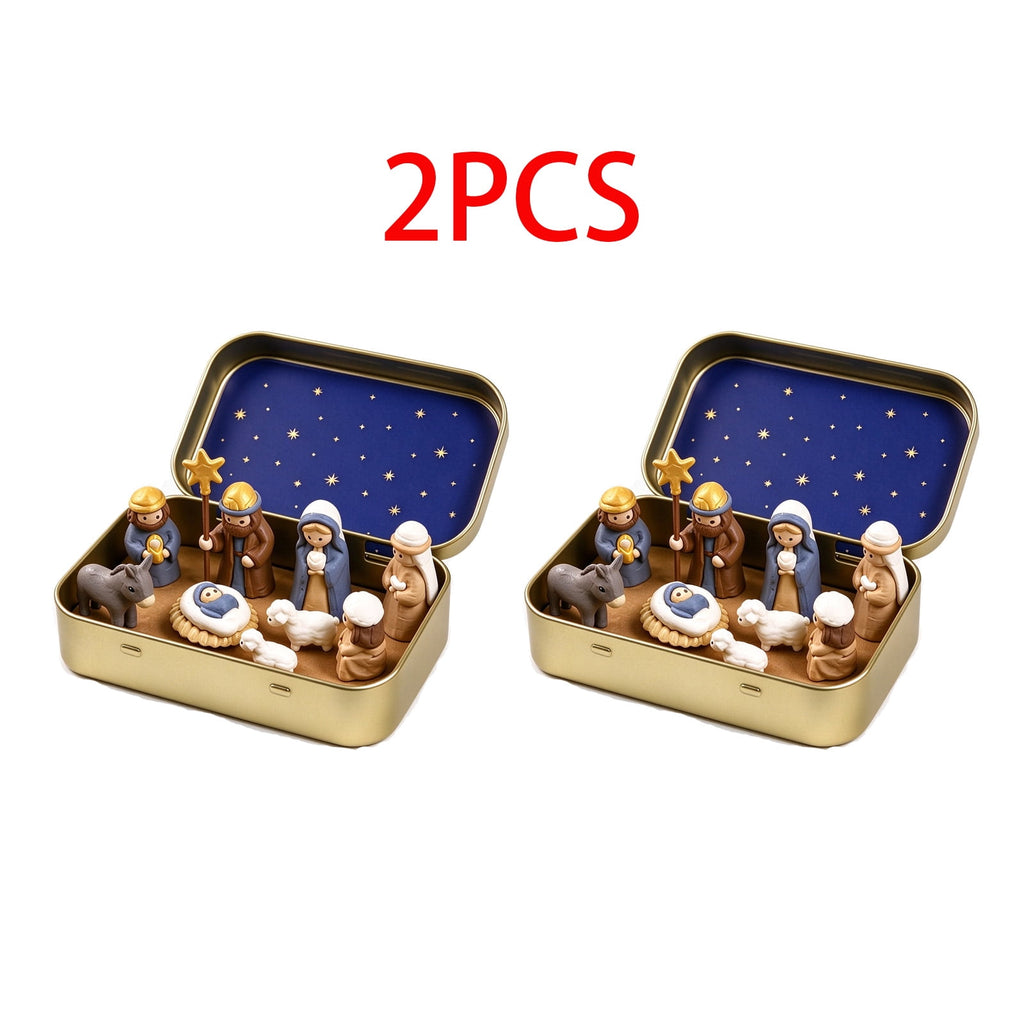 Daghihgewr Mini Christmas Nativity Set Tabletop Tin Box Multicolor Indoor Religious Ornament 1-Count 3.9 x 2.8 x 1.2 Inch