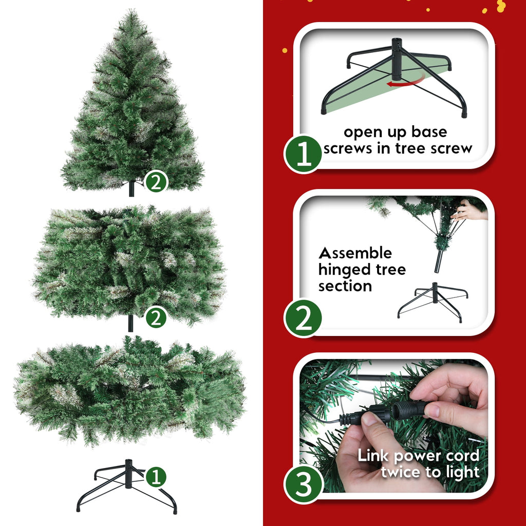 TLSUNNY 8ft Pre-lit Artificial Christmas Tree, W/ 1000 Branche Tips, 450 LED Warm Lights, Fluffy Snow Flocked Pine Tree, Metal Stand Hinged Xmas Tree for Party Holiday Decor
