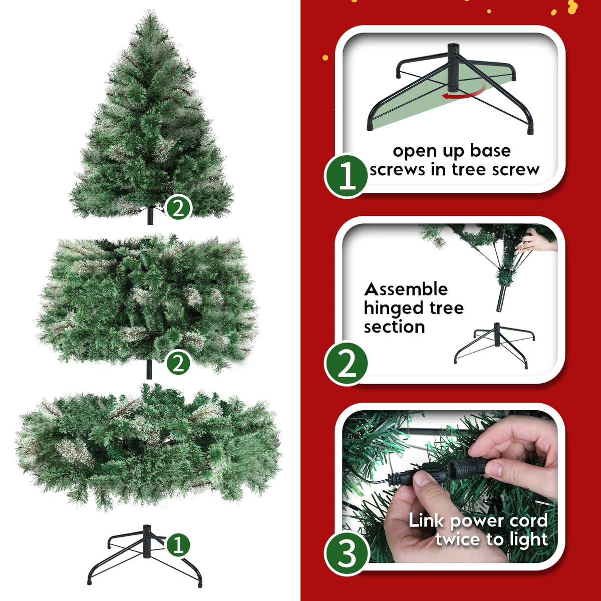 TLSUNNY 8ft Pre-lit Artificial Christmas Tree, W/ 1000 Branche Tips, 450 LED Warm Lights, Fluffy Snow Flocked Pine Tree, Metal Stand Hinged Xmas Tree for Party Holiday Decor