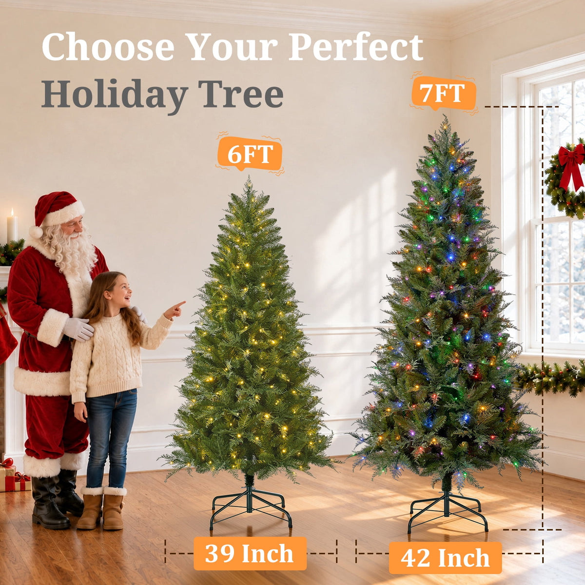 Goosiay 6FT Pre-Lit Artificial Christmas Tree, Slim Cypress Christmas Tree with Realistic Branches, 877 PE & PVC Tips and 250 Lights for Living Room, Office, Bedroom and Indoor Holiday Decor