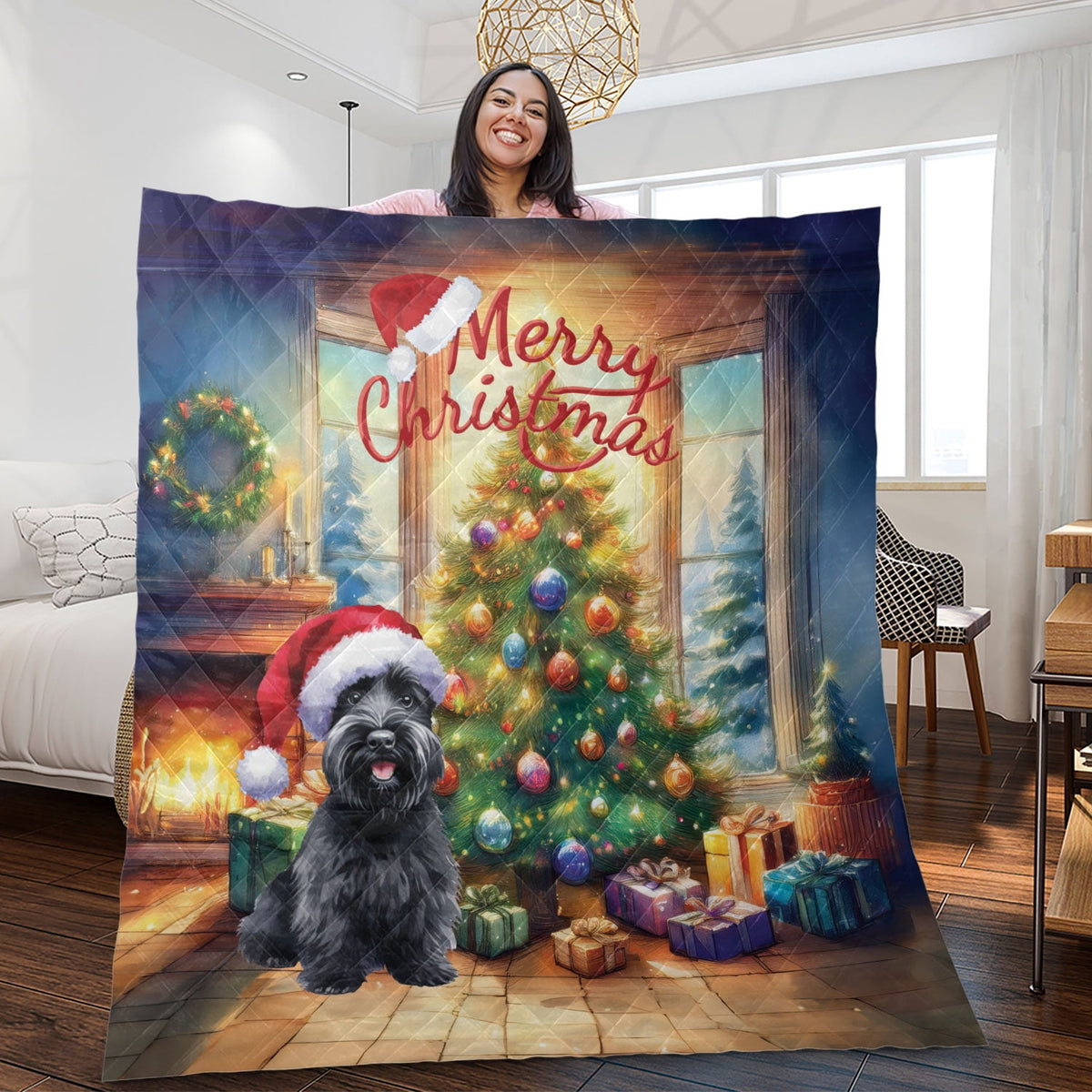Merry Christmas French Bulldog Santa Hat Xmas Tree Winter Holiday Quilt Bedding Set Dog Lover Gifts 1 Blanket Bed Cover 2 Pillowcases - 01013
