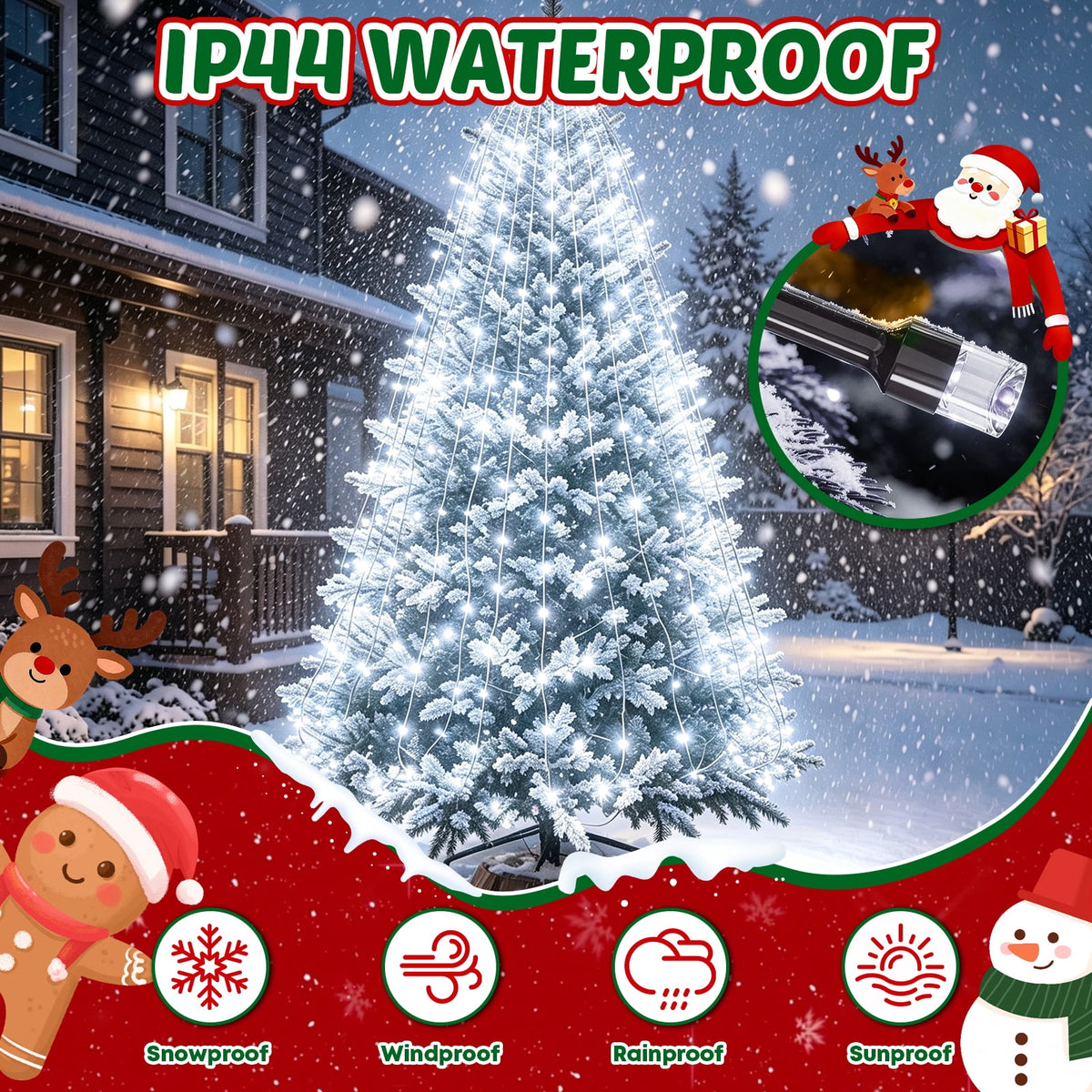 Christmas Tree Lights with Ring, 400 LED Cool White Tree Ring Light, 16 Strands 6.6FT Cascade with Remote & Timer for Indoor Xmas Tree Decor