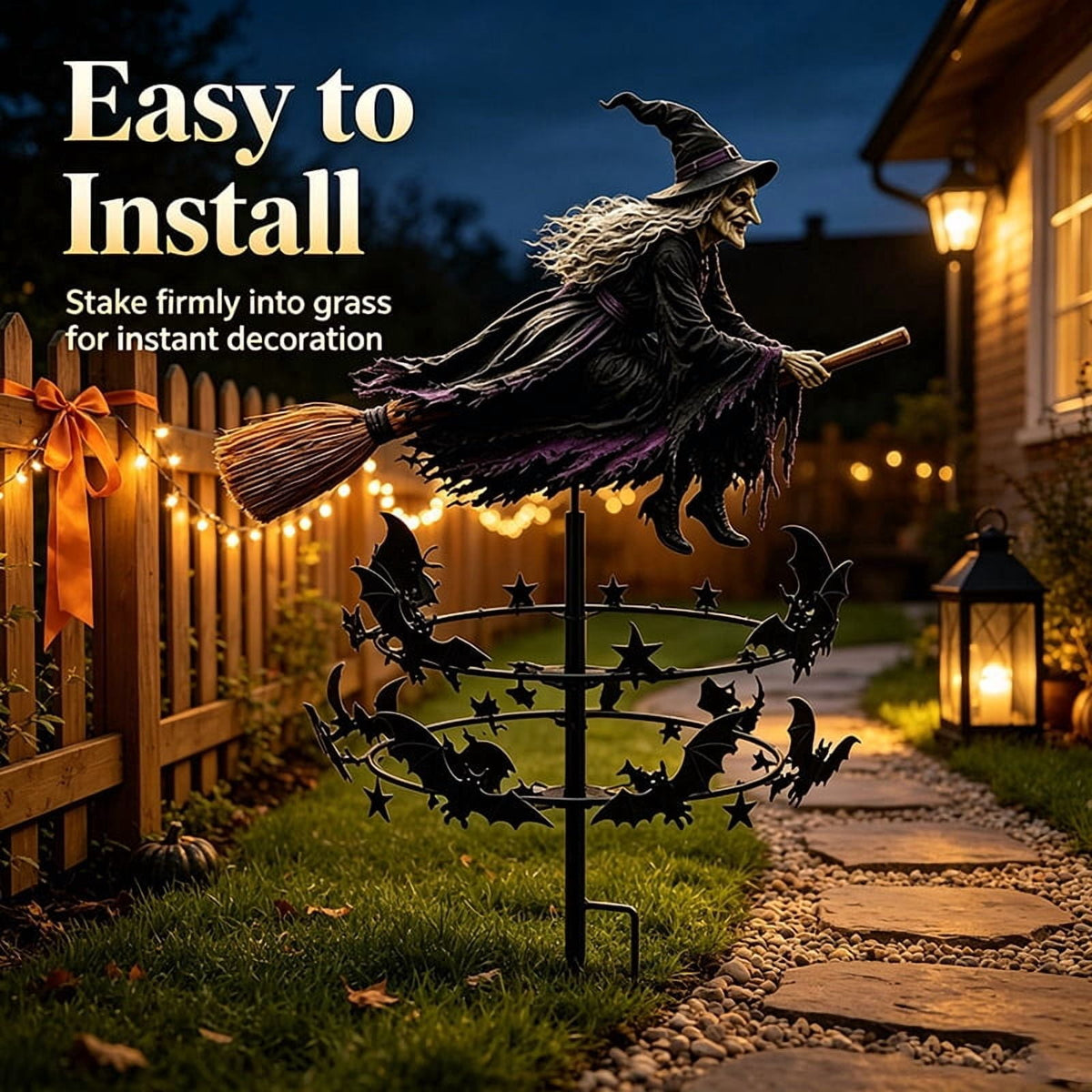 The Enchanted Witch Garden Wind Spinner, Flying Witch on Broom Metal Stake with Bat & Star Ornaments, Weatherproof Yard Outdoor Lawn Patio Pathway Fall Halloween Garden Decor