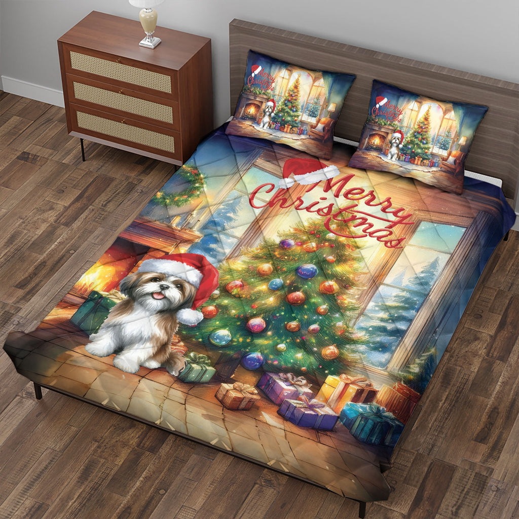 Merry Christmas French Bulldog Santa Hat Xmas Tree Winter Holiday Quilt Bedding Set Dog Lover Gifts 1 Blanket Bed Cover 2 Pillowcases - 01013